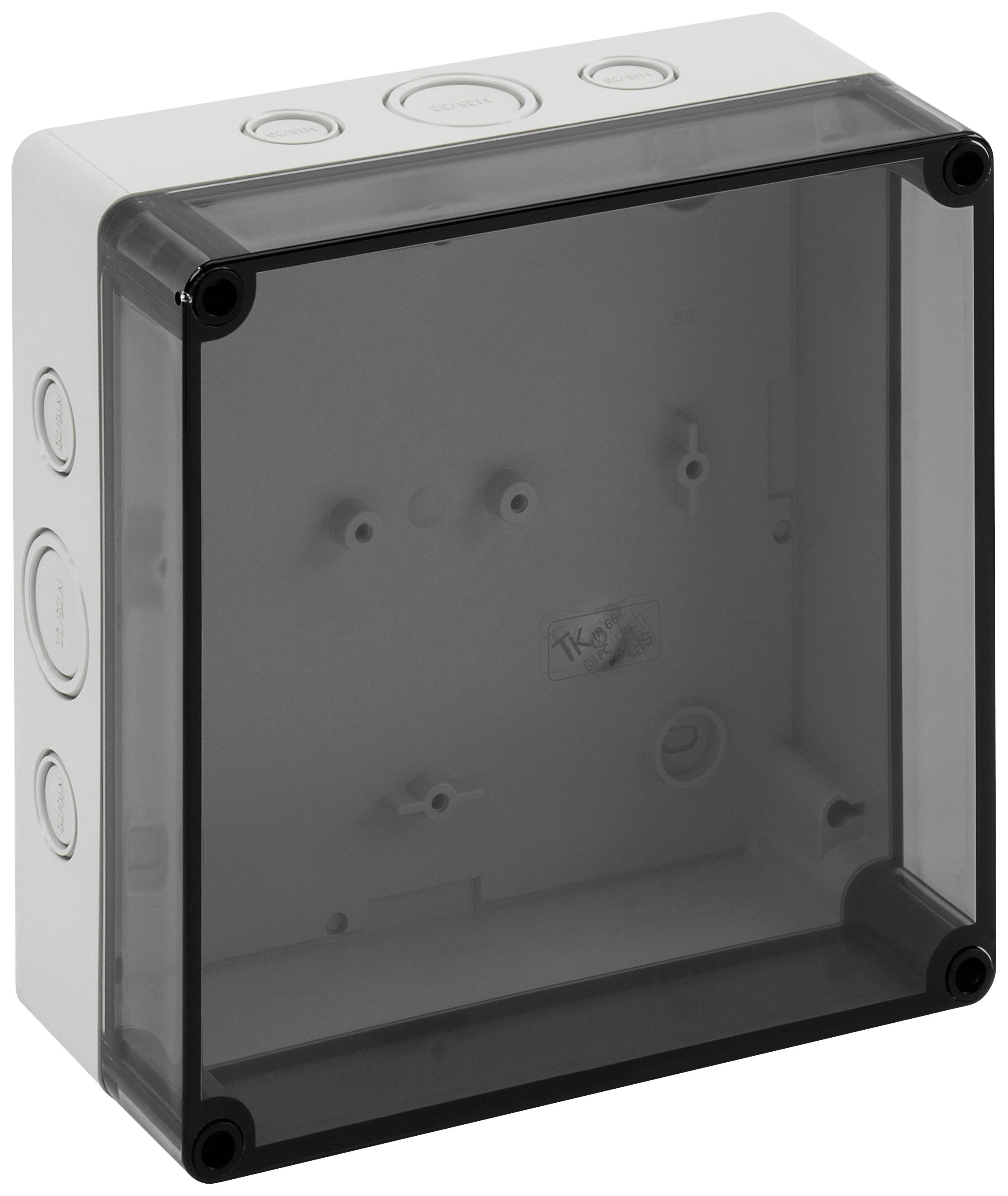 Boîte en plastique grise vide avec couvercle transparent, adaptée pour le montage en saillie de composants électriques.