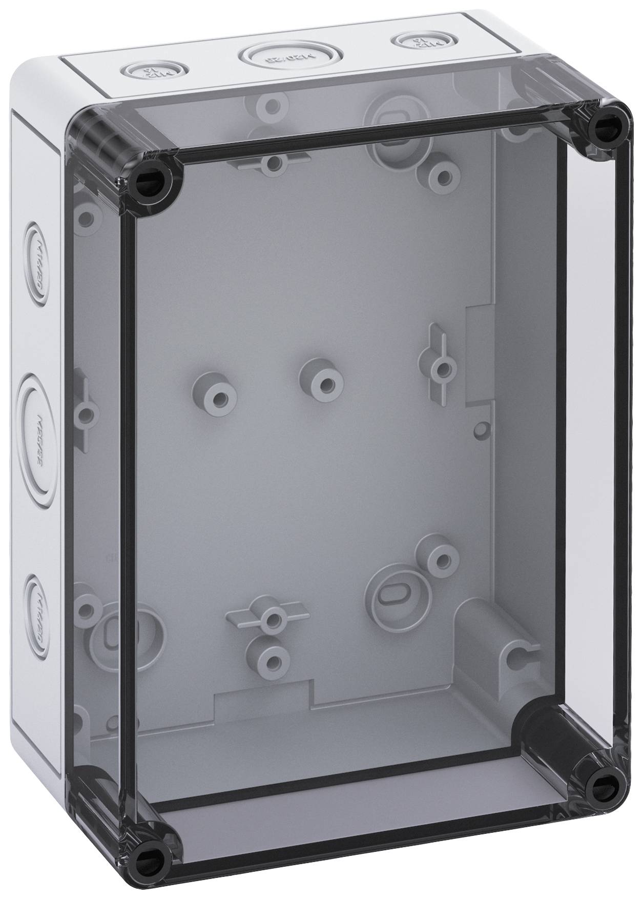 Boîtier vide avec couvercle transparent, adapté pour les installations électriques.