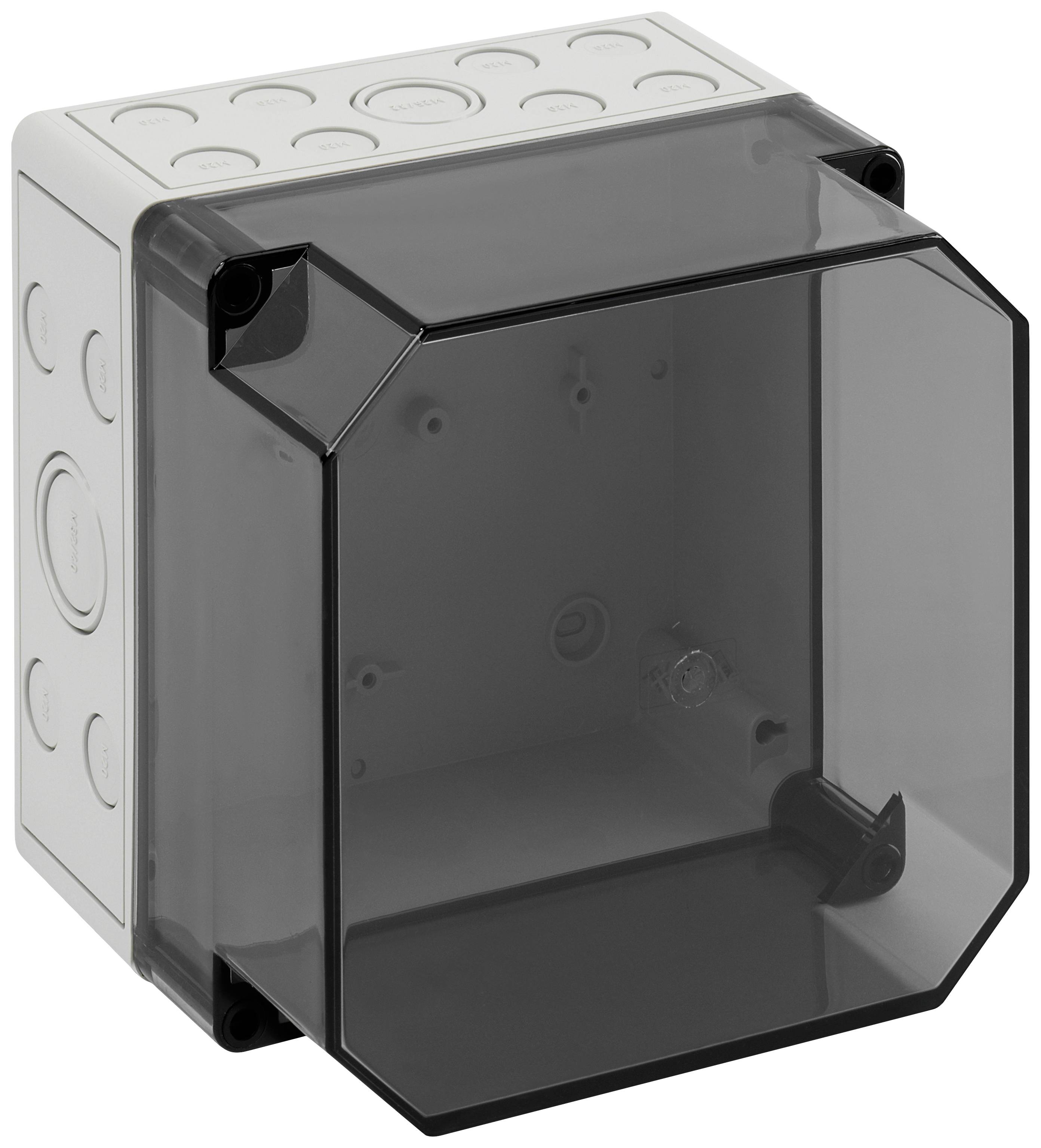 Une boîte de raccordement de câbles noire transparente avec un couvercle amovible, présentée sous un angle diagonal. Elle comporte plusieurs ouvertures rondes.