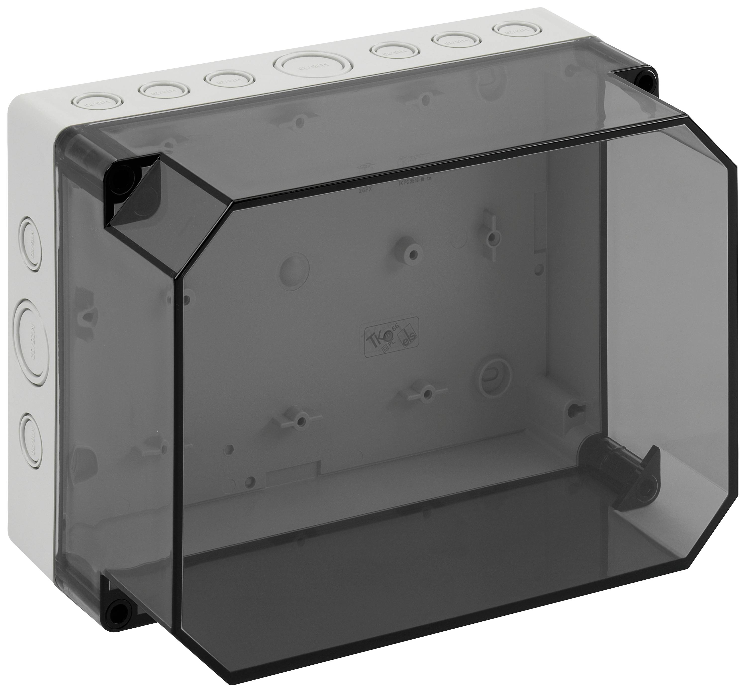 Boîte de raccordement électrique avec couvercle transparent et amovible, de forme rectangulaire, adaptée aux installations intérieures ou extérieures.