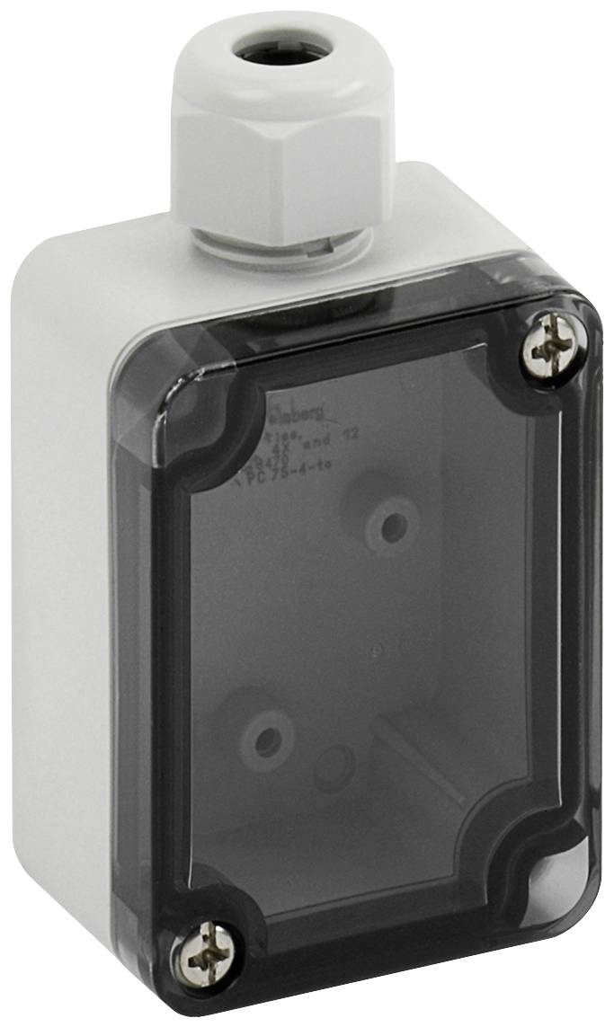 Boîtier en plastique avec couvercle transparent amovible et deux vis, adapté pour les installations électriques.