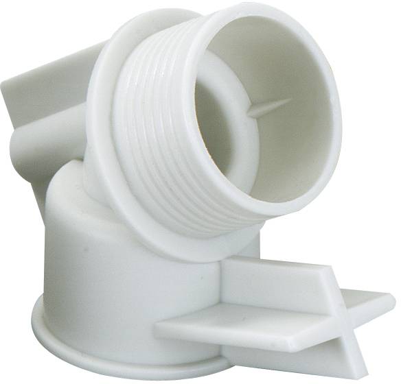 Un bouchon fileté en plastique blanc avec bride latérale, couramment utilisé dans les systèmes sanitaires pour l'étanchéité des raccordements de tuyaux.