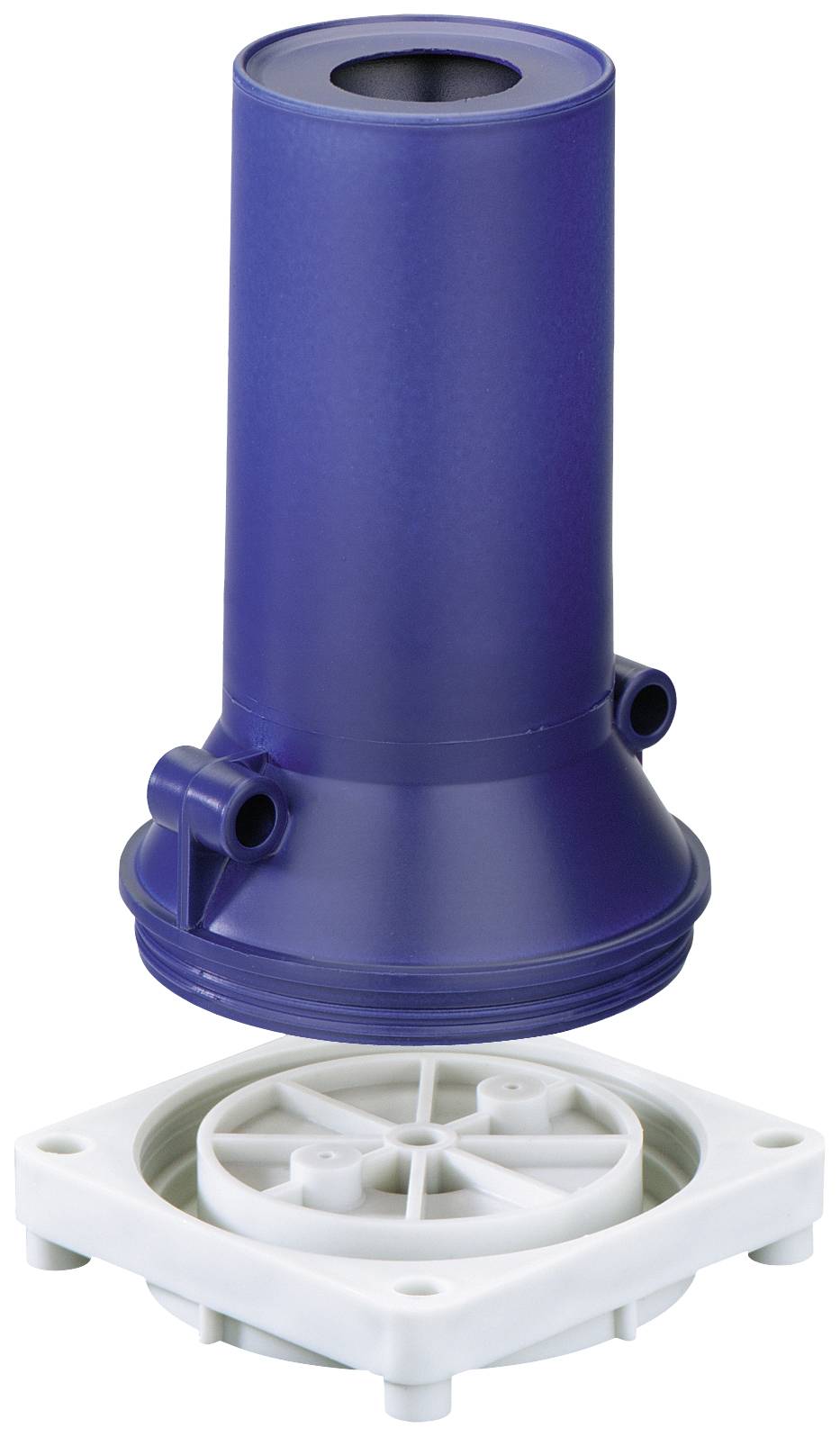 Un couvercle de boîtier de filtre à eau bleu et cylindrique, reposant sur un socle carré blanc, les deux parties étant séparées.