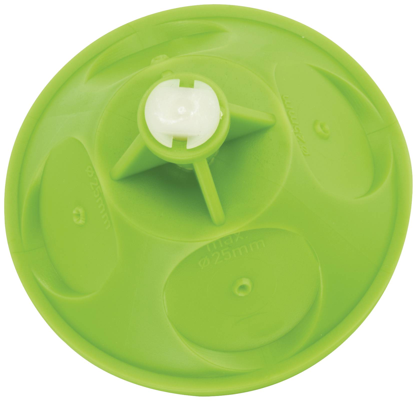 Couvercle en plastique vert avec quatre segments circulaires et une tige centrale blanche. Utilisation non déterminée.