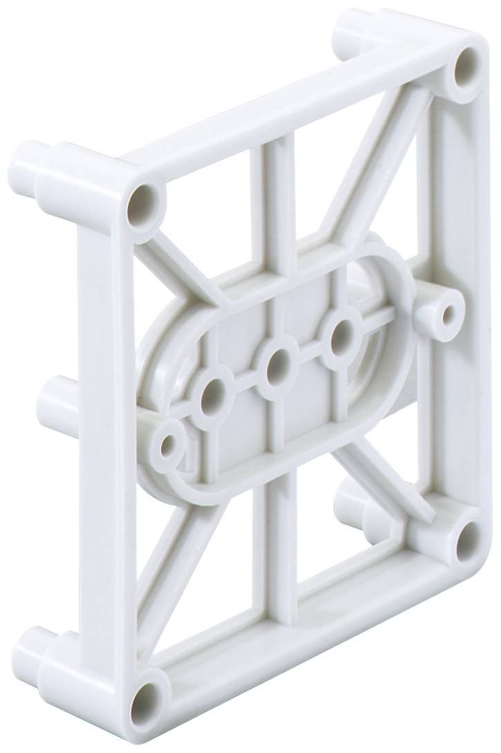 Plaque en plastique blanc, rectangulaire, ajourée, avec des angles arrondis et plusieurs trous.