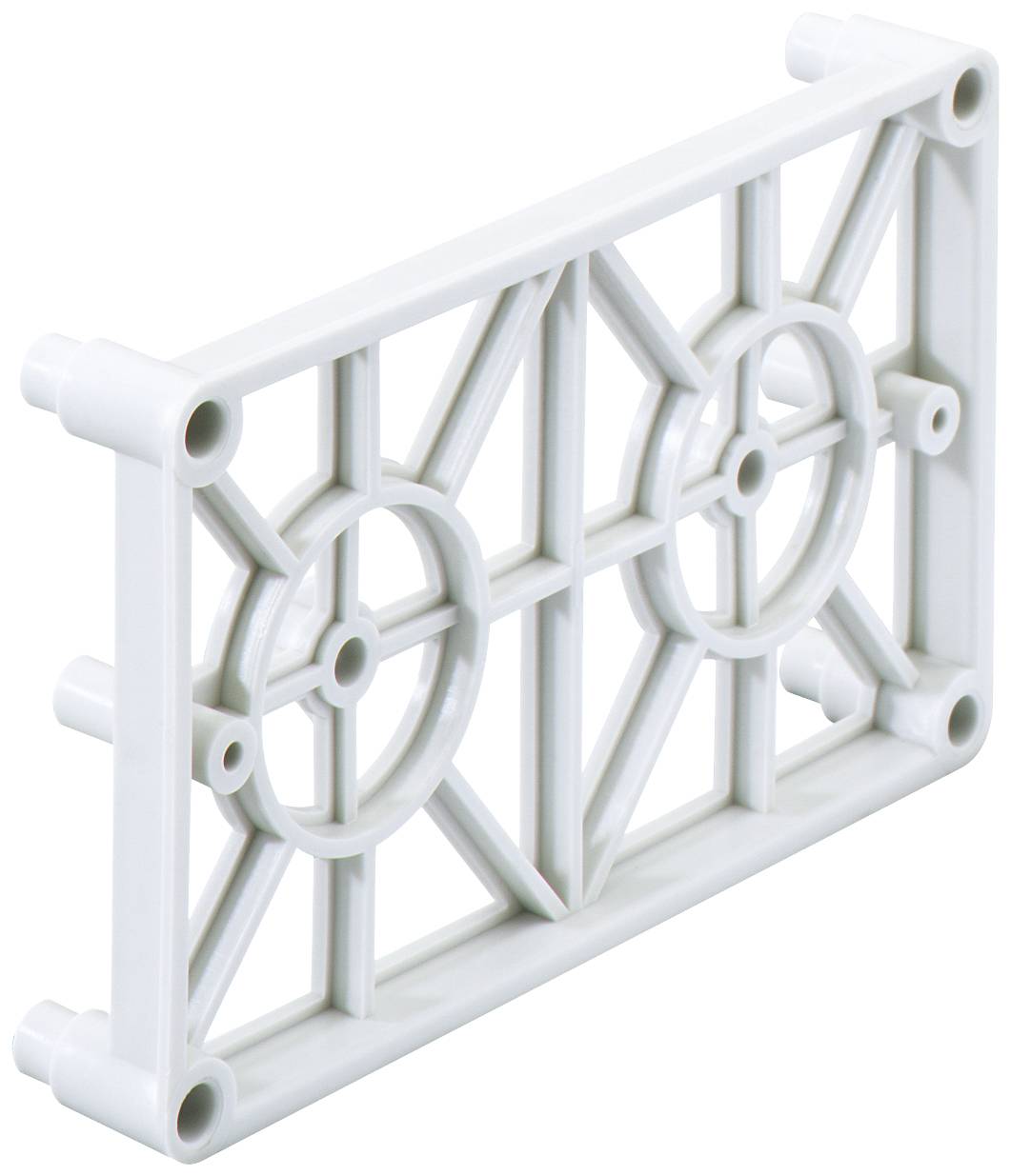 Un composant rectangulaire blanc avec un motif géométrique au centre et quatre points de fixation arrondis aux angles.