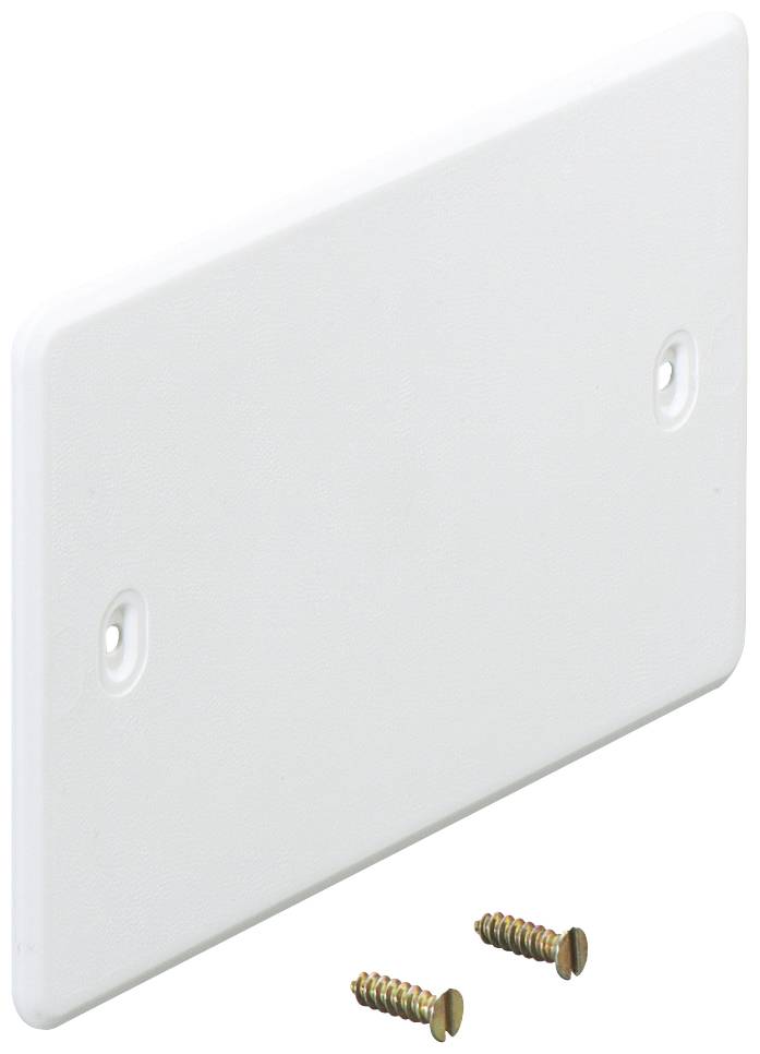 Plaque de couverture blanche avec deux vis, adaptée pour le montage sur un mur ou un boîtier électrique.