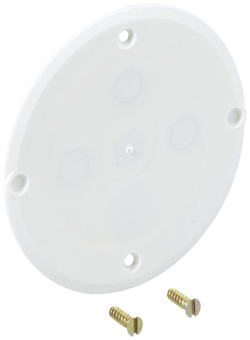 Couvercle rond blanc en plastique avec trois trous de vis et deux vis jointes.