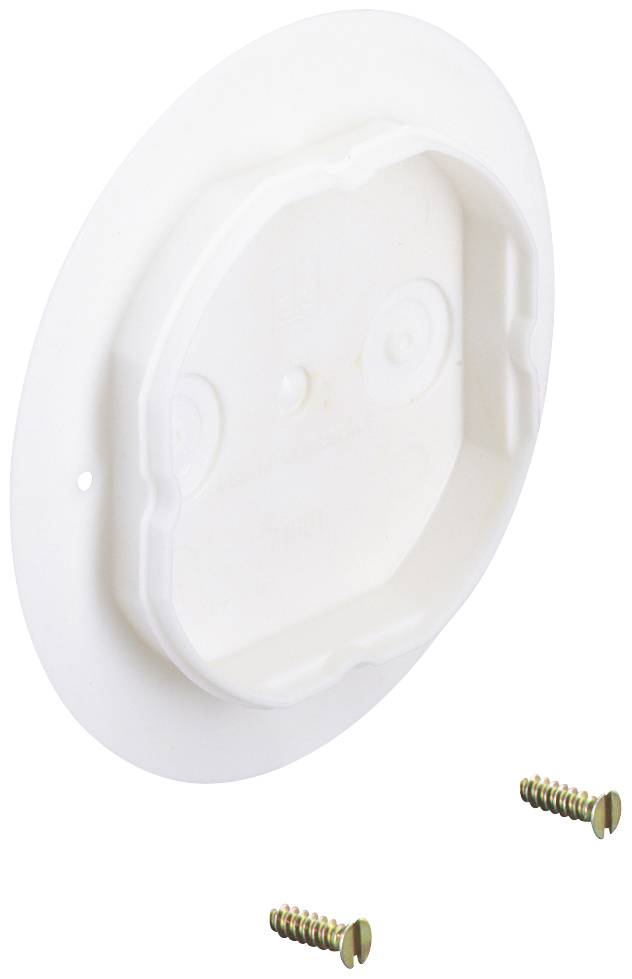 Sur l'image, on peut voir une plaque de montage blanche en plastique avec deux vis. La plaque est ronde et comporte des trous de fixation.