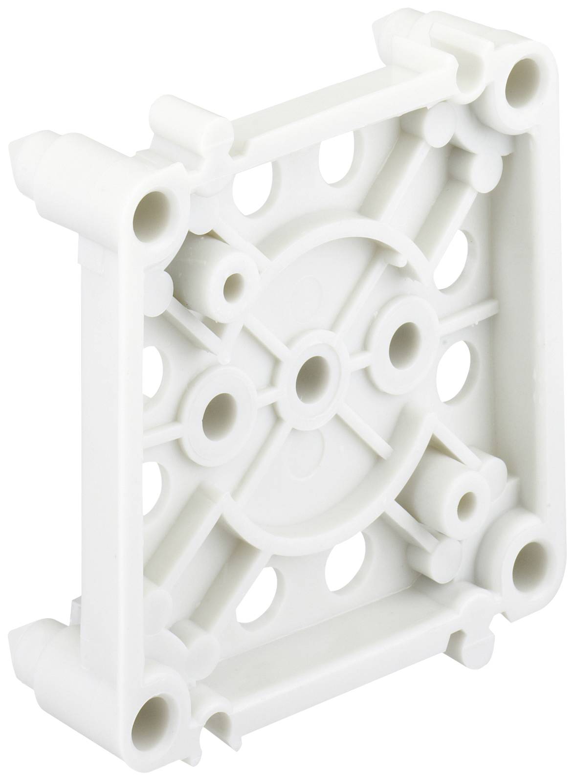 Plaque blanche en plastique avec des découpes circulaires et carrées, servant de support ou d'élément de montage.