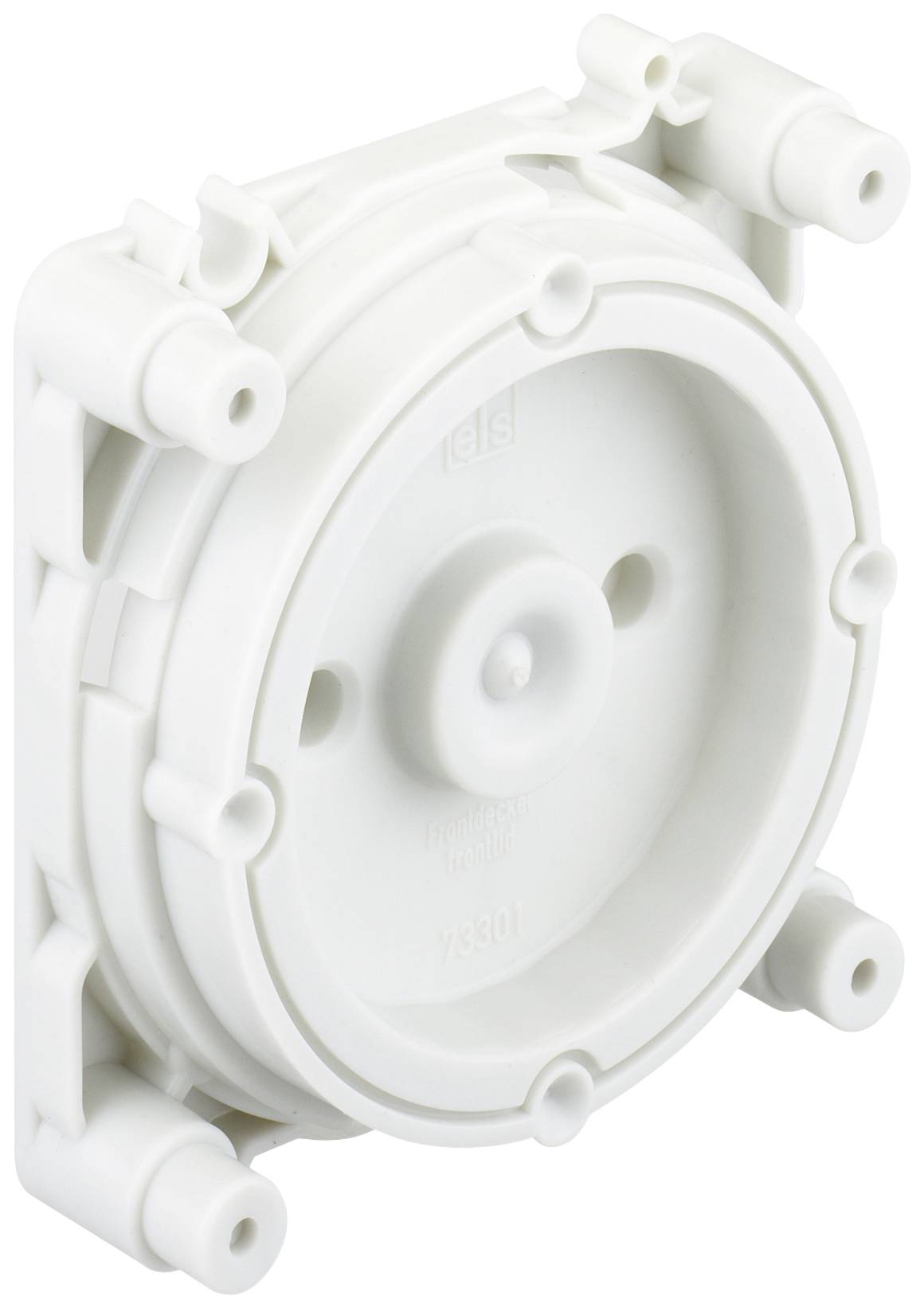 Un booster blanc et rond en plastique, faisant partie d'un système de filtration d'eau. Il possède quatre raccordements et sert à réguler la pression.