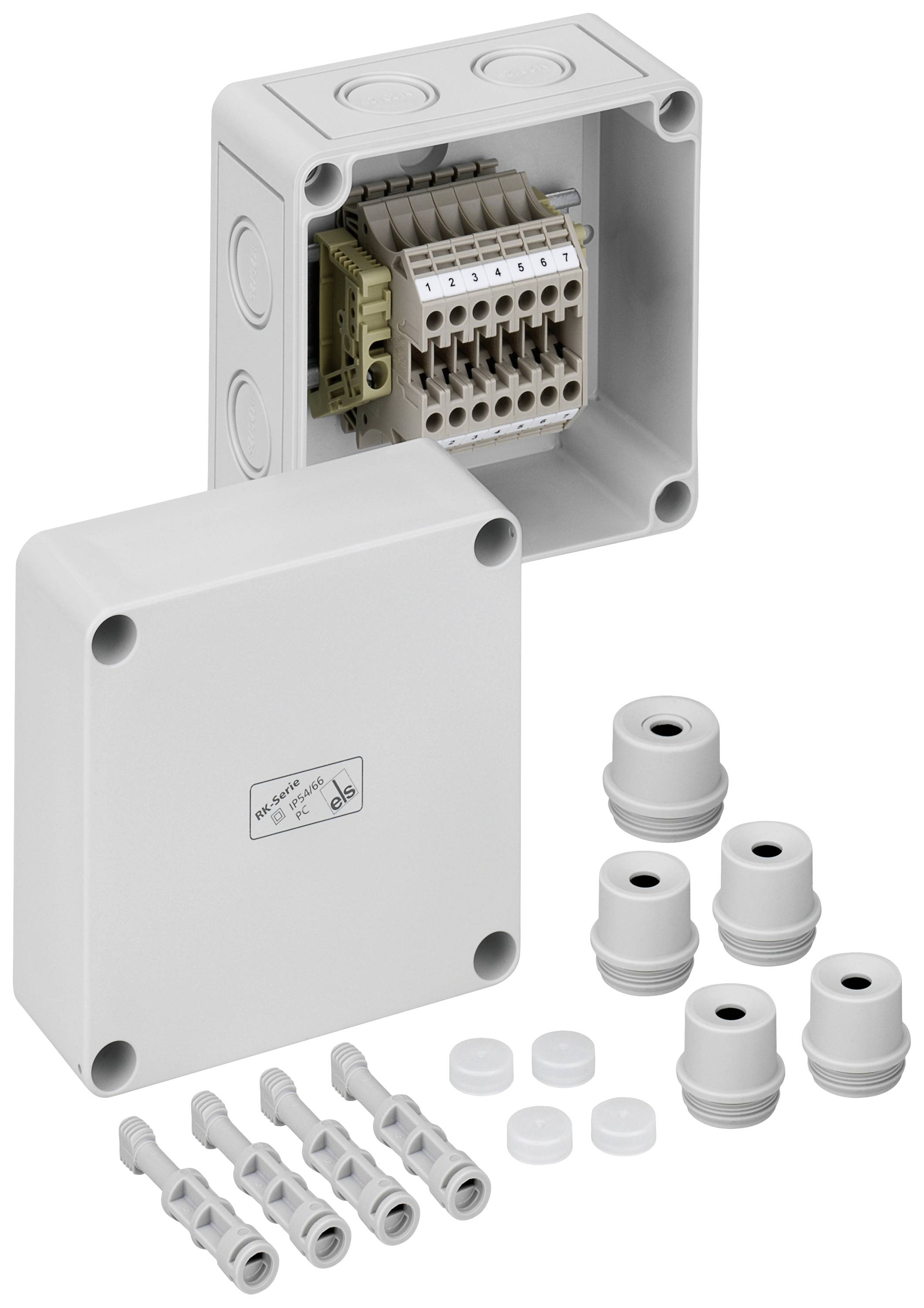 Boîte de distribution électrique en plastique avec couvercle retiré, montrant la vue intérieure. Accessoires inclus : presse-étoupes.