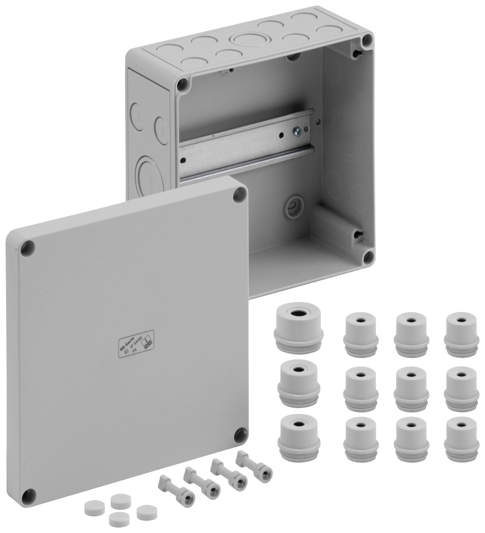 Boîtier en plastique gris rectangulaire avec couvercle amovible. Contient des écrous et des vis en plastique. Adapté pour les installations électriques.