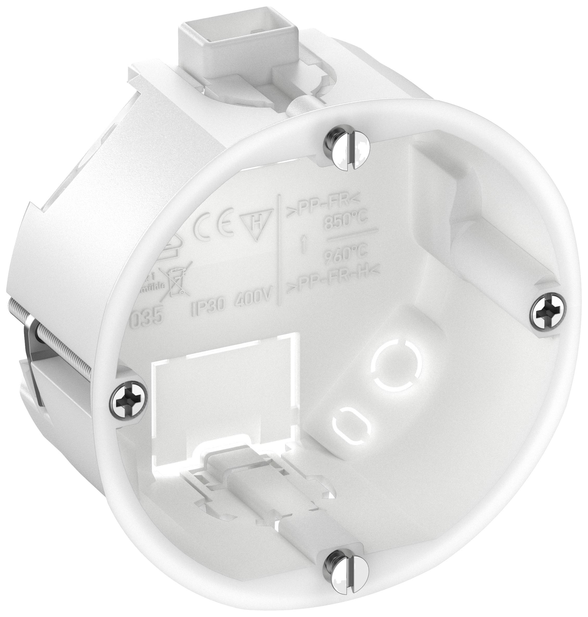 Boîte d'encastrement ronde en plastique avec trous de fixation, adaptée aux installations électriques. Vue latérale montrant les spécifications techniques.