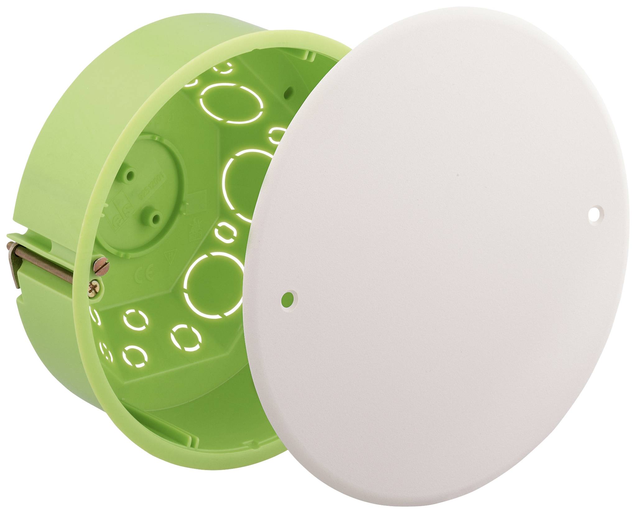 Boîte d'encastrement verte avec couvercle blanc amovible, destinée à l'installation dans les murs, adaptée aux installations électriques.