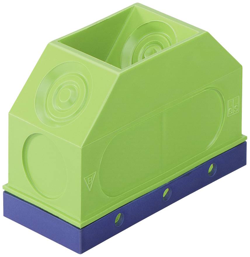 Conteneur en plastique vert, rectangulaire avec des coins arrondis et une base bleue. Utilisable comme porte-stylos ou organisateur.