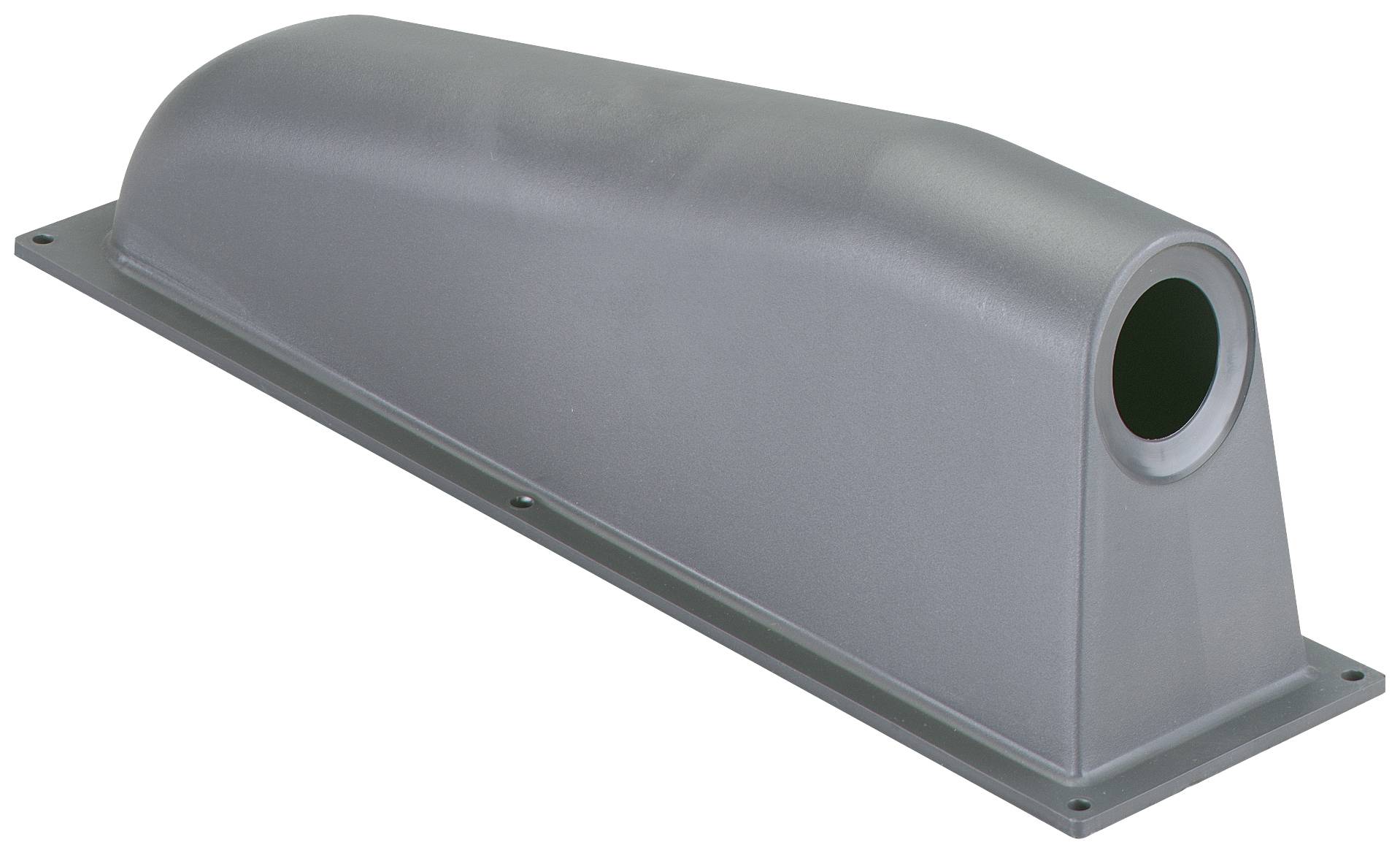 Boîtier gris, rectangulaire en plastique avec une ouverture sur la face avant. Pourrait servir de boîtier de protection ou de carter pour câbles ou composants de machines.