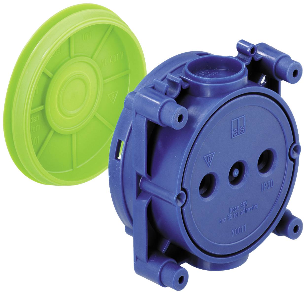 Boîtier en plastique bleu avec trois trous, couvercle vert amovible, probablement destiné à l'installation de câbles ou à des applications électriques.