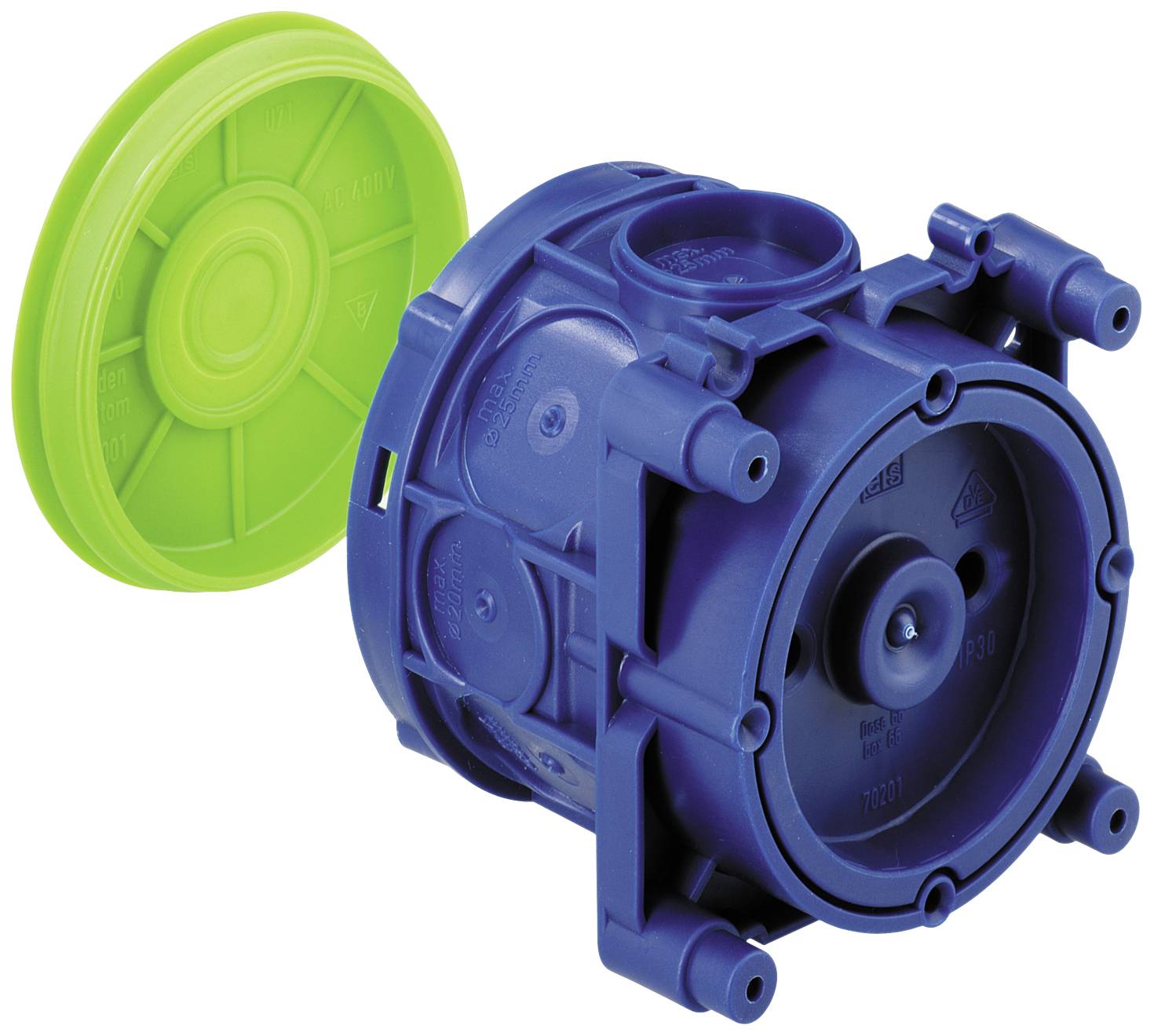 Boîtier d'installation en plastique bleu avec un couvercle rond vert, probablement adapté pour des installations de tuyauterie ou électriques.