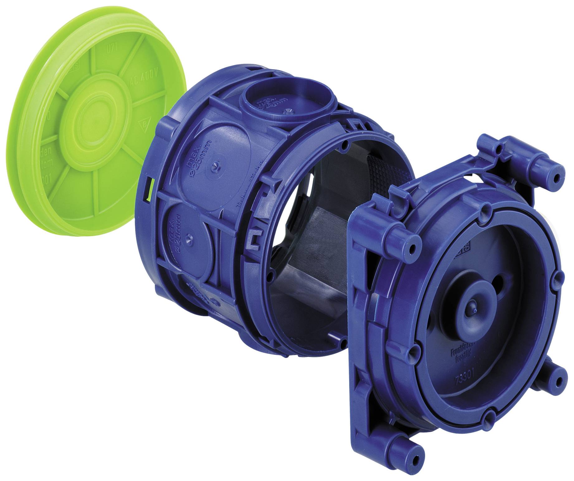 Pièce cylindrique bleue en plastique avec un couvercle vert amovible, probablement une boîte d'installation pour applications électriques.