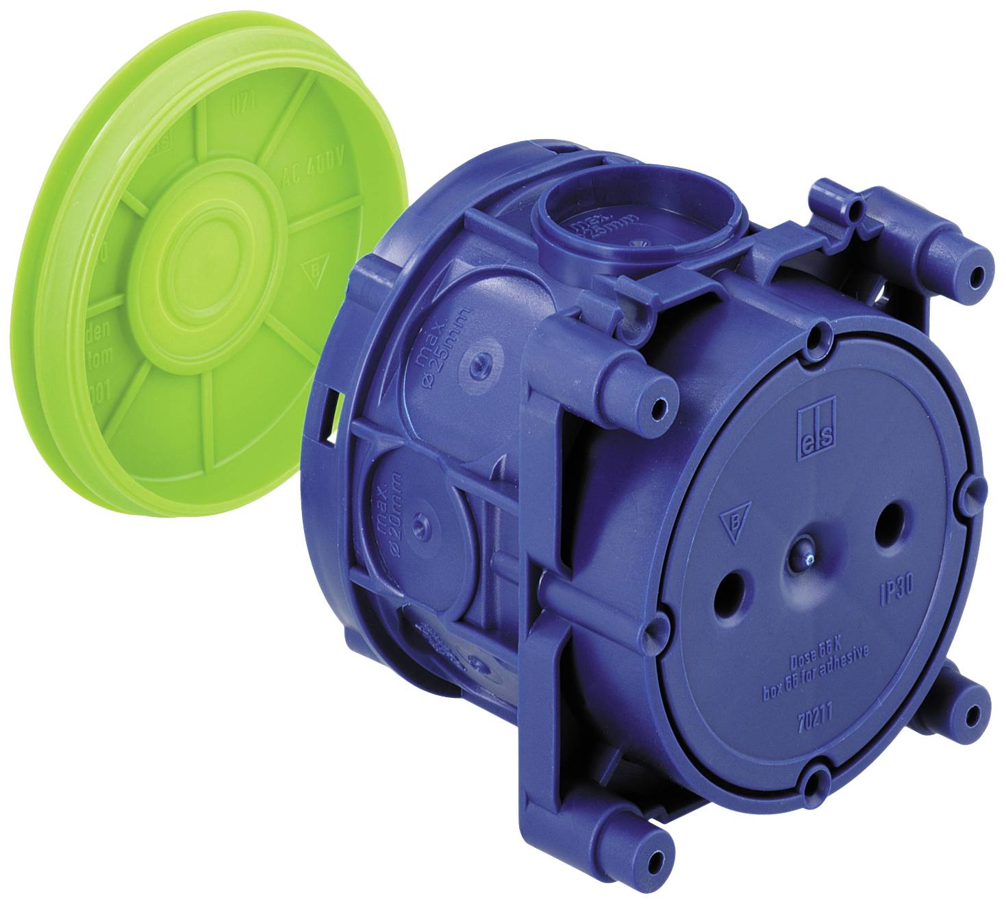 Boîtier encastré bleu pour installation sous-enduit avec couvercle de protection vert, utilisé pour l'installation encastrée dans les systèmes sanitaires.