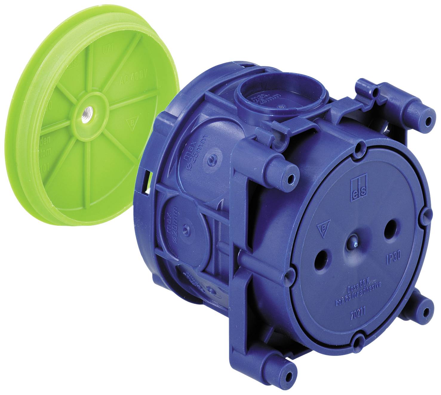 Boîte d'encastrement bleue en plastique avec couvercle vert, adaptée aux installations électriques, montrant sa forme et ses possibilités de raccordement.