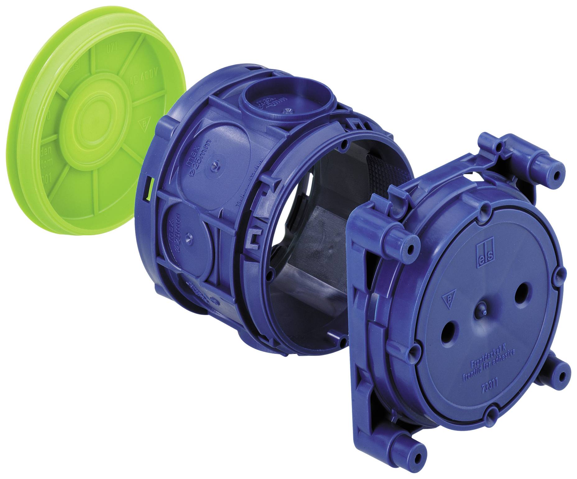 Boîte d'encastrement bleue en plastique pour cloison creuse, avec couvercle vert. Adaptée aux installations électriques dans les murs légers.