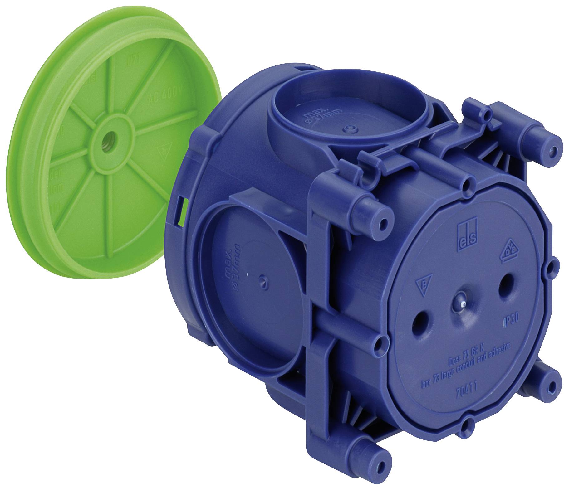 Boîte d'installation bleue avec couvercle vert, adaptée aux installations électriques dans les murs ou les plafonds.