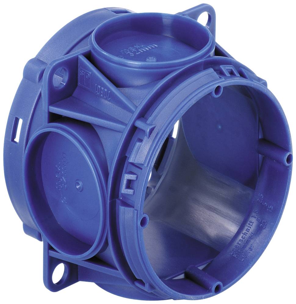 Une boîte de dérivation en plastique bleu pour installations électriques, avec un design circulaire et plusieurs ouvertures pour le passage des câbles.