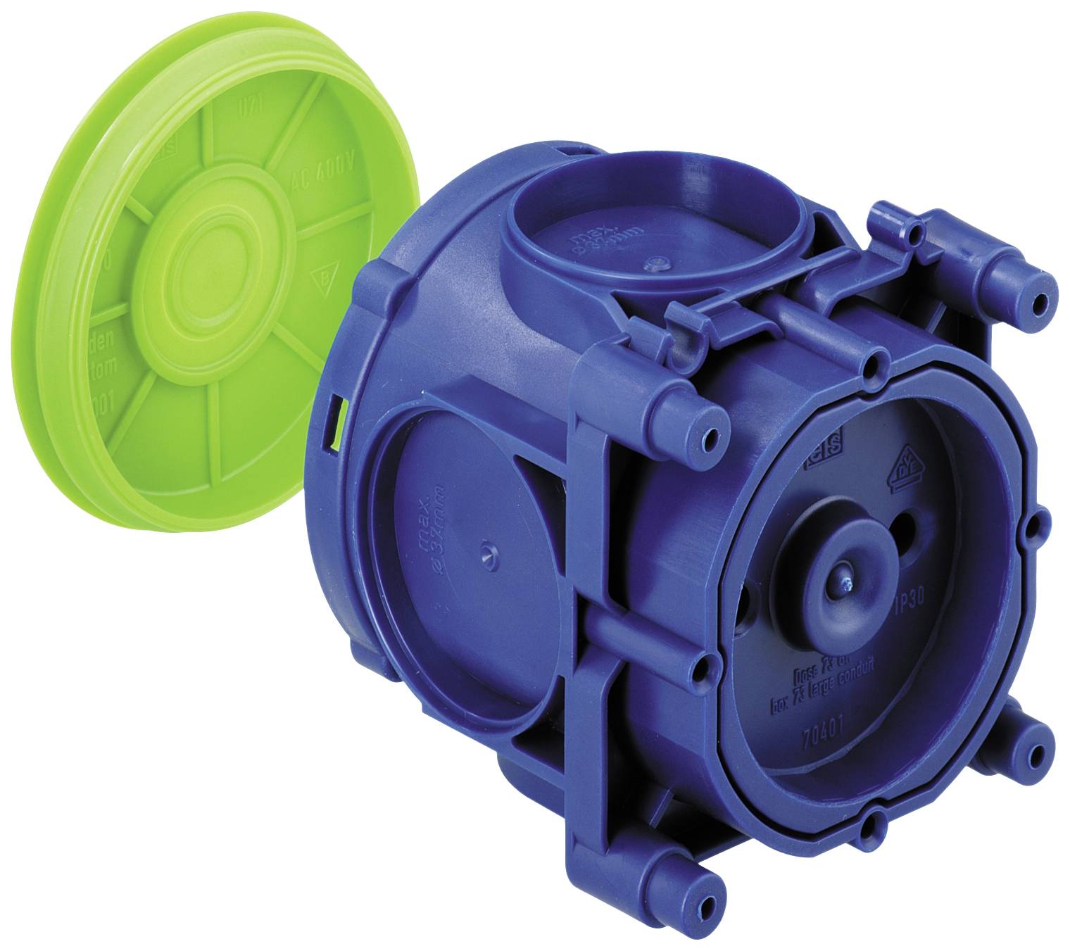 Boîtier en plastique bleu avec un couvercle vert, probablement un coffret de montage pour installations électriques, présentant différentes possibilités de raccordement.