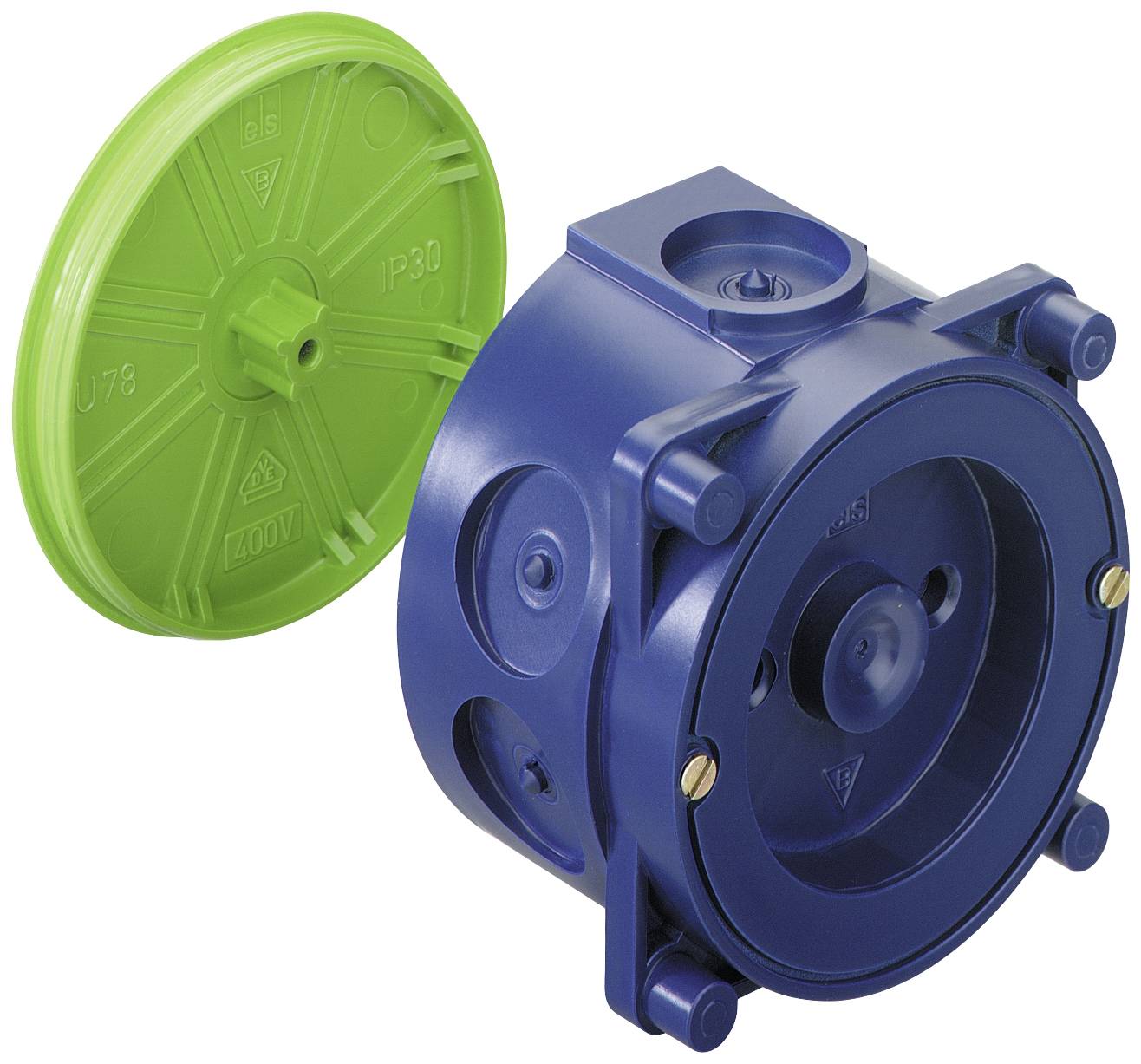 Couverture verte à côté d'un boîtier cylindrique bleu avec des ouvertures rondes, probablement pour des installations électriques.