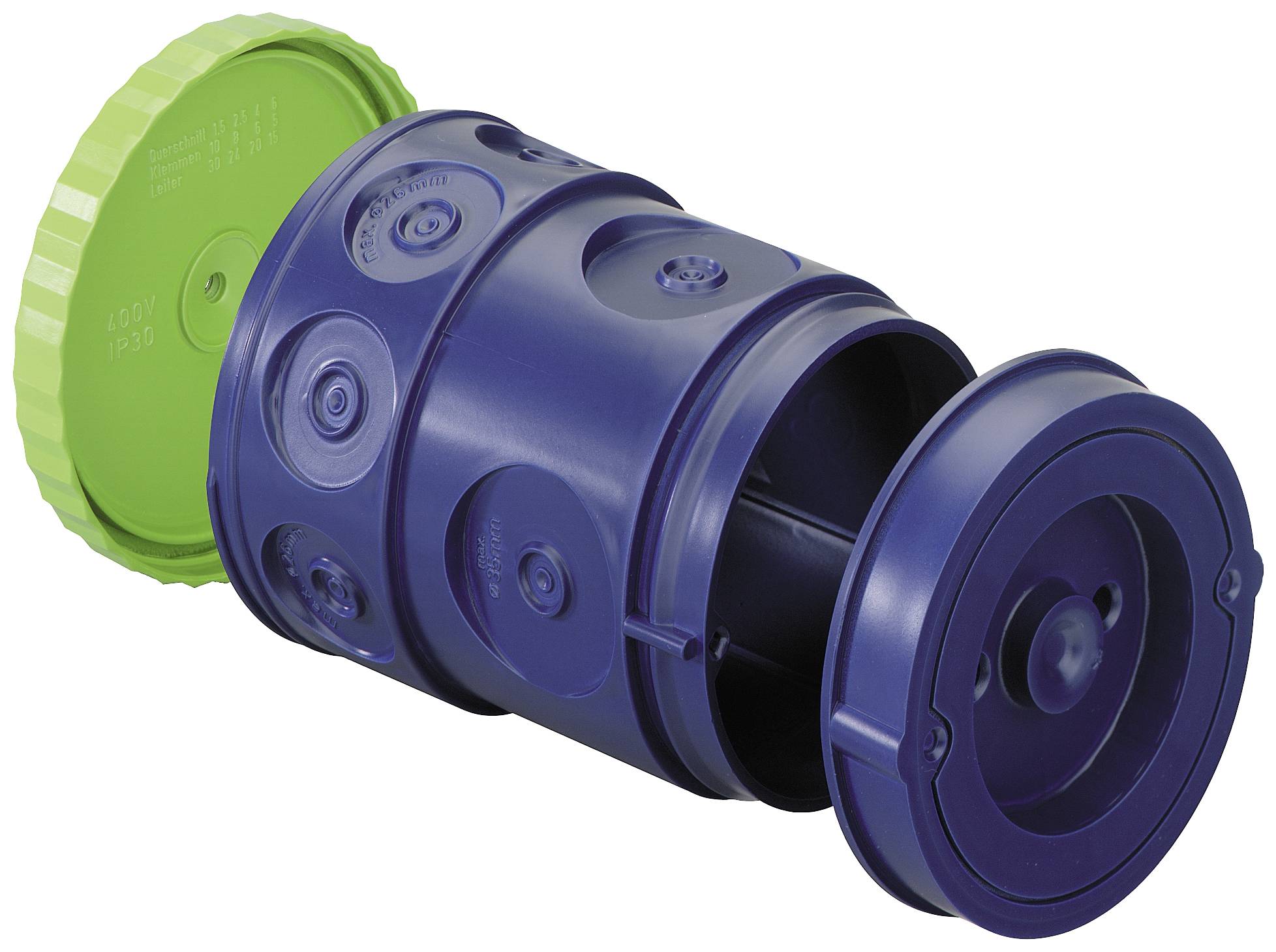 Un boîtier cylindrique bleu en plastique avec un couvercle vert amovible et un triple joint d'étanchéité, adapté pour des connexions imperméables.