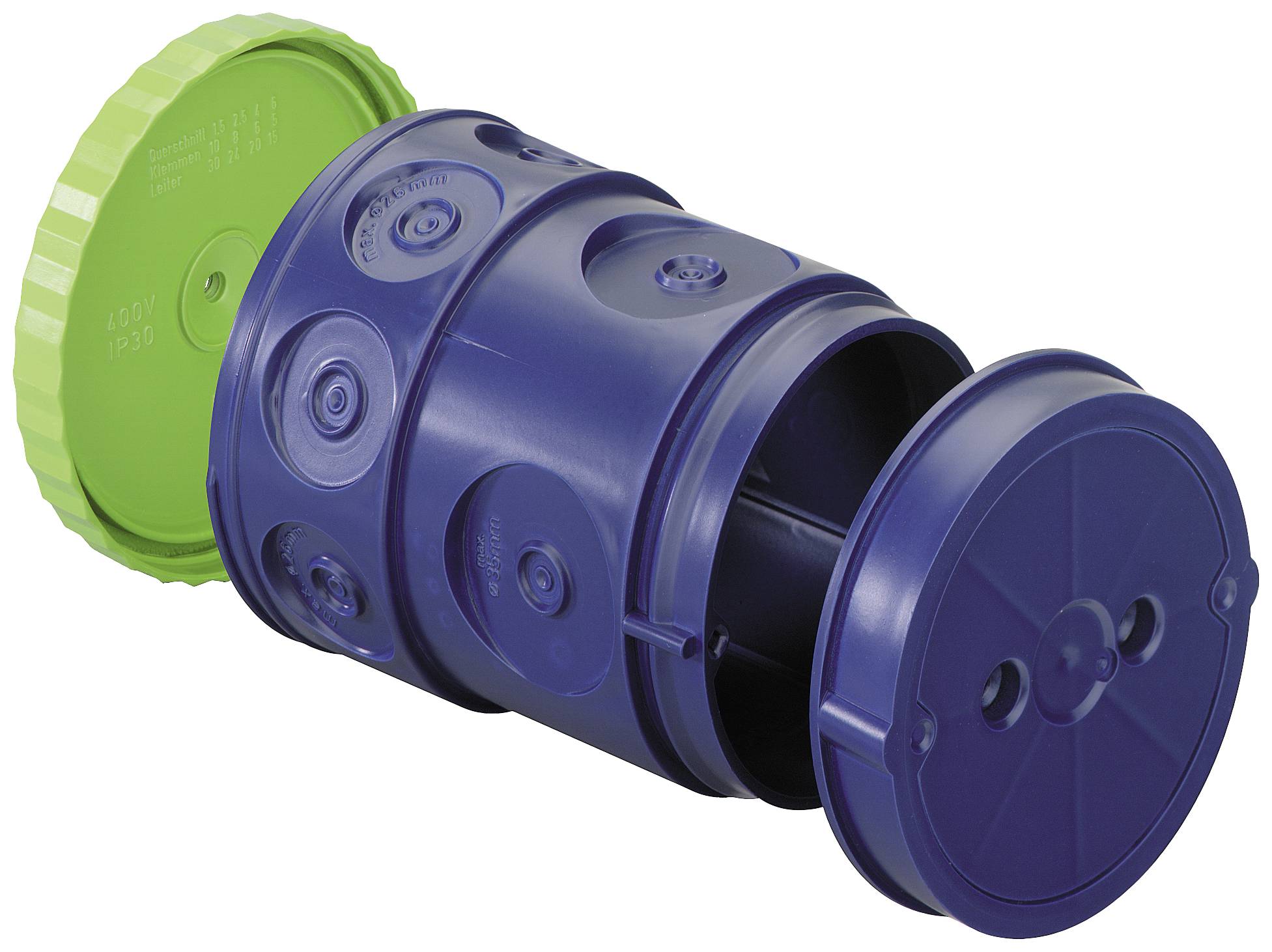 Adaptateur de raccordement de tuyau bleu avec plusieurs encoches circulaires et un couvercle de fermeture vert, posé horizontalement.