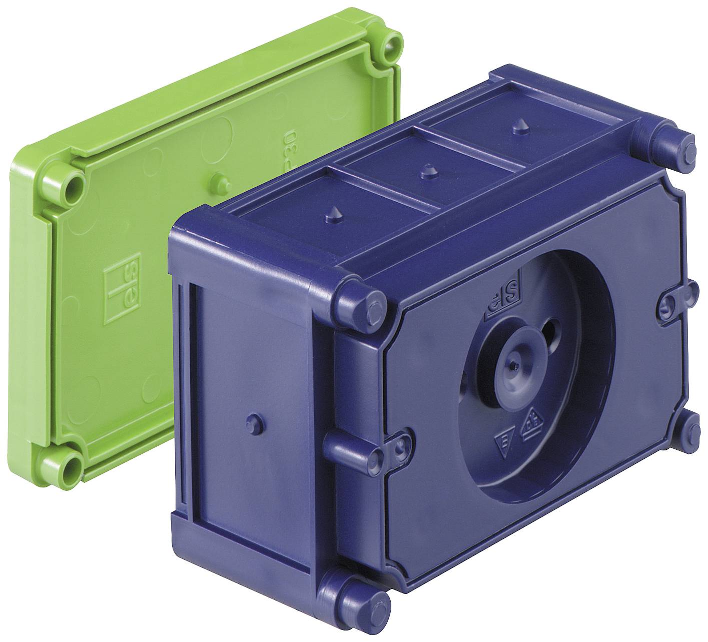 Boîtier bleu avec couvercle vert, probablement un boîtier technique ou un boîtier électronique, sur fond blanc.