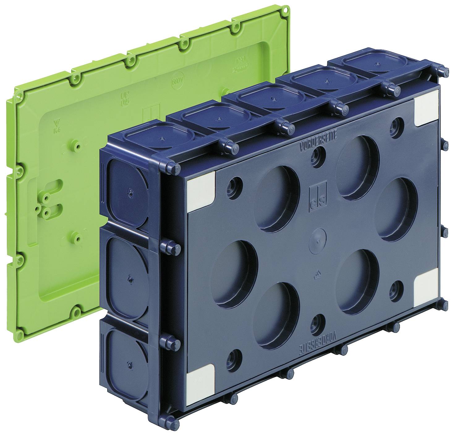 Deux boîtes rectangulaires d'installation, empilées l'une sur l'autre, en bleu et en vert. La boîte bleue présente des ouvertures rondes.