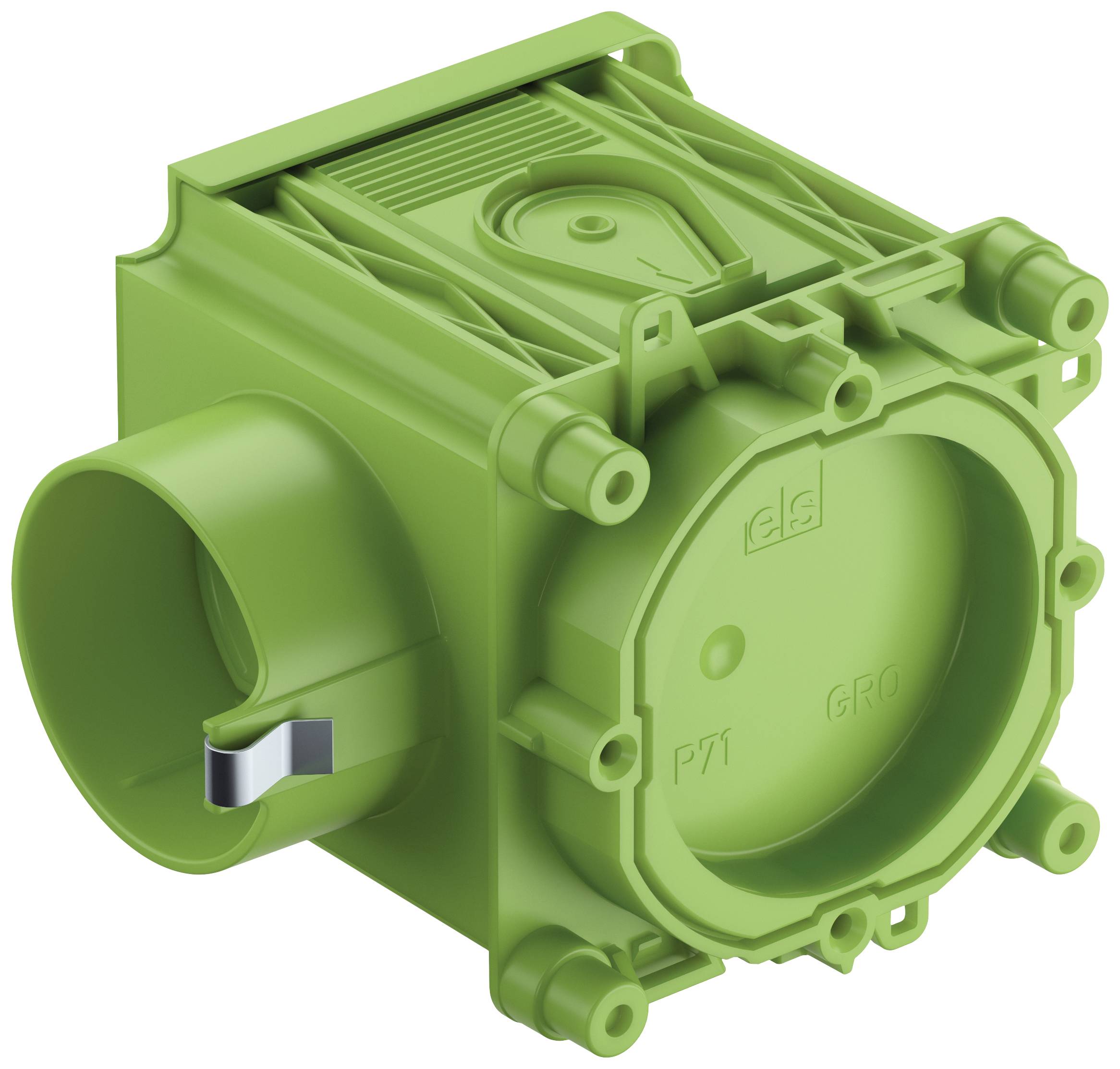 Boîte en plastique vert avec raccordement cylindrique à gauche et face avant carrée, utilisée pour les installations électrotechniques.