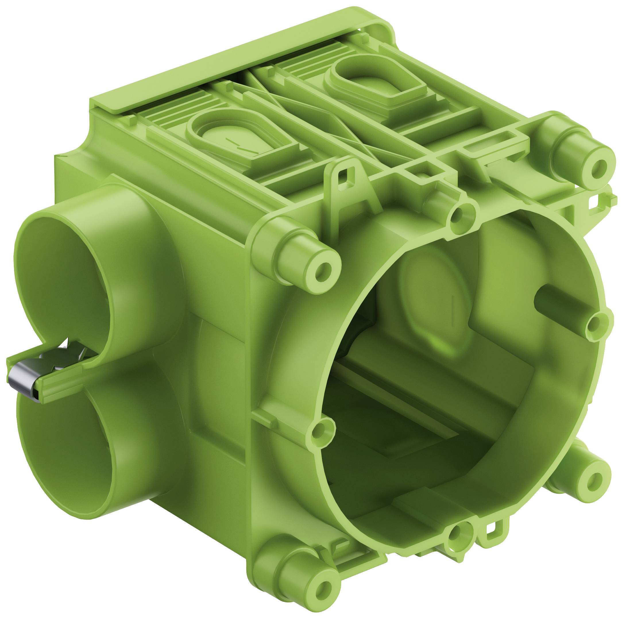 Boîte de dérivation en plastique vert avec ouverture circulaire, adaptée aux installations électriques murales.