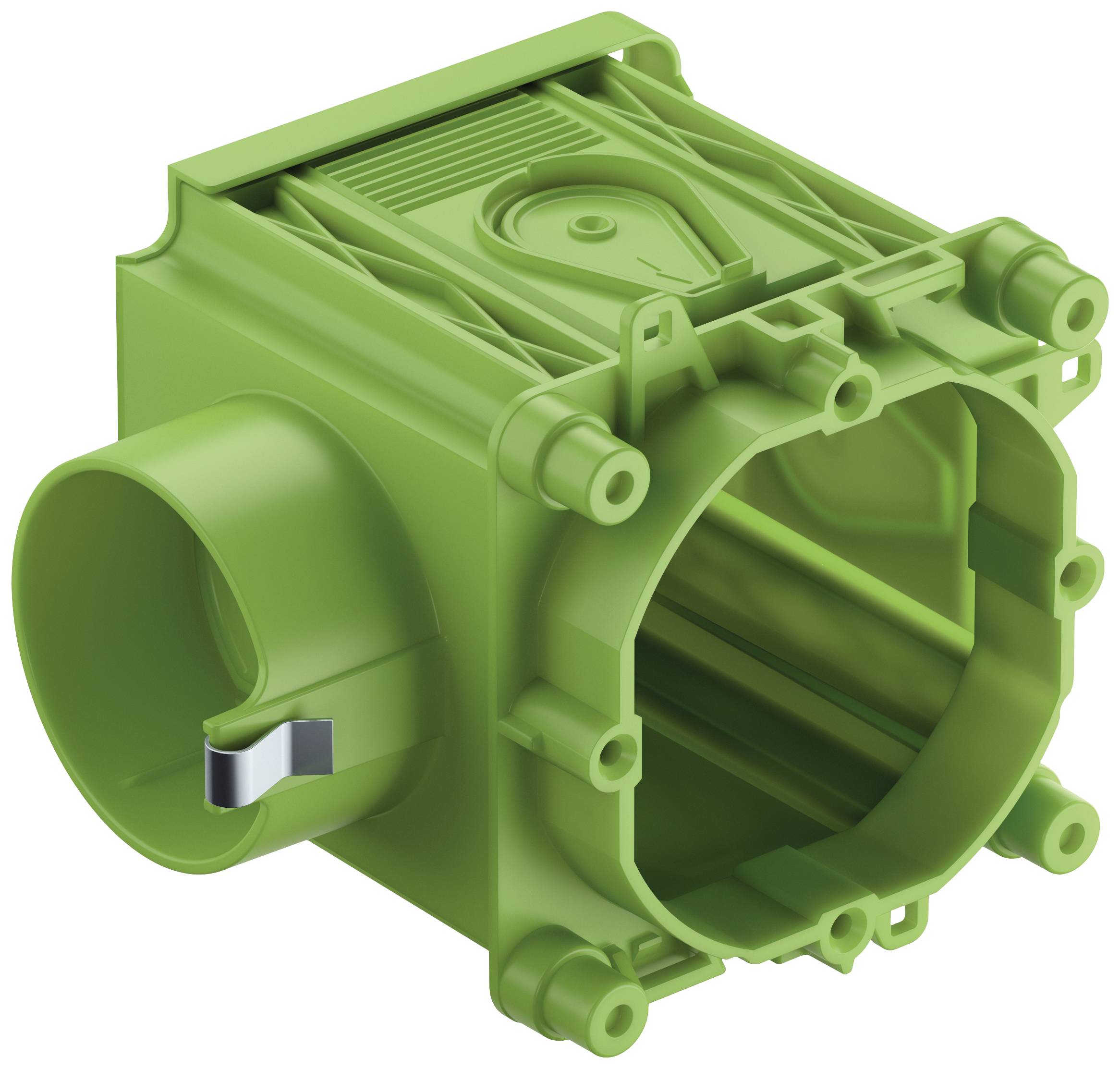 Une pièce en plastique verte, cylindrique, comportant plusieurs points de fixation et une ouverture sur le côté, probablement un boîtier électrique.