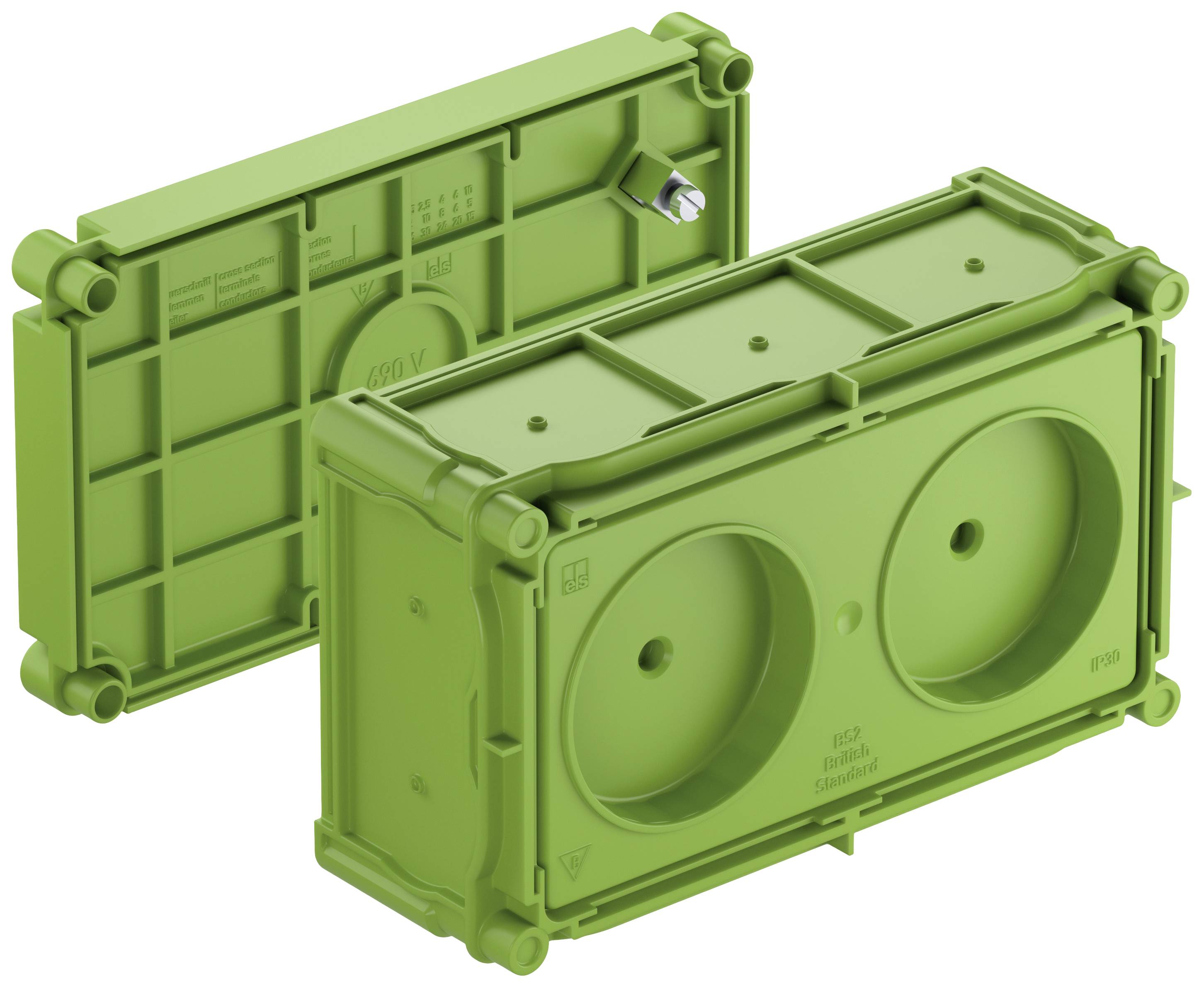 Boîte d'encastrement double verte pour installations électriques, vue avant et arrière, montrant les détails de connexion et les éléments de fixation.