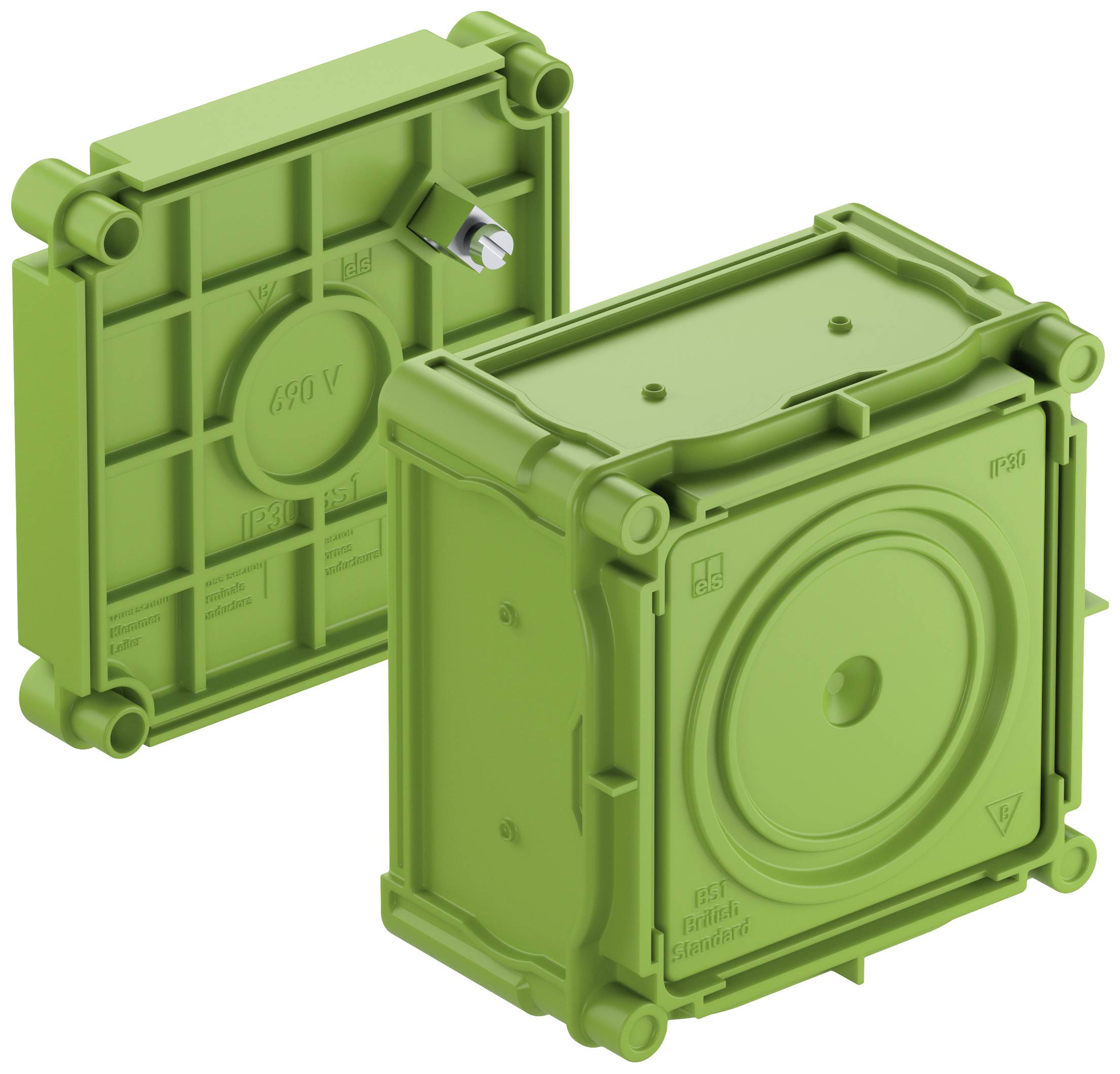 Boîtier ou couvercle en plastique vert, de forme carrée, utilisé pour des applications électriques, muni d'un couvercle supplémentaire.