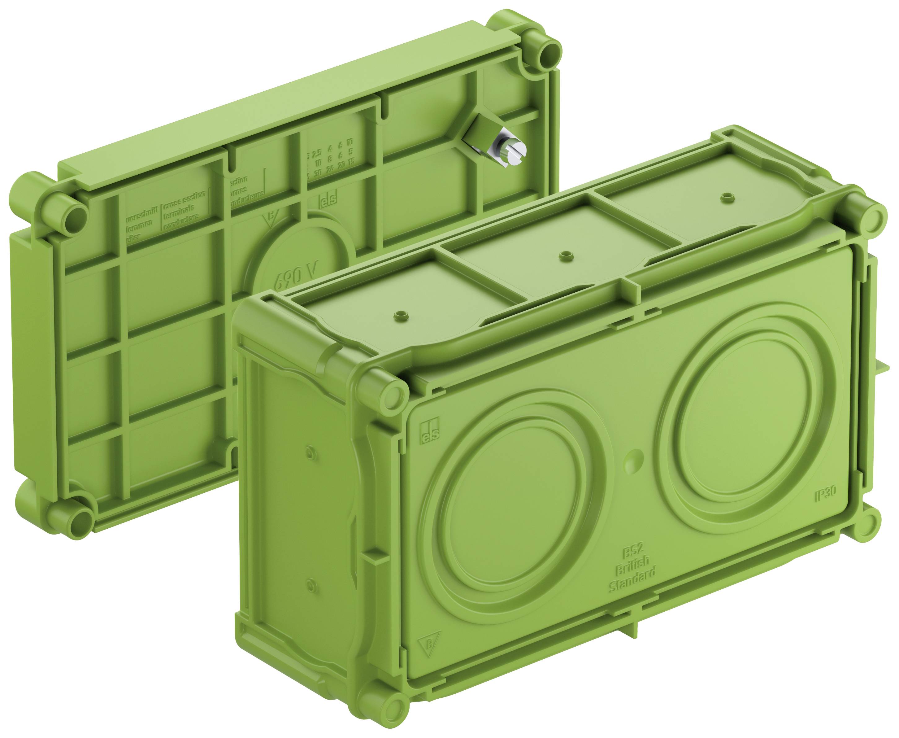 Deux contenants rectangulaires en plastique vert avec des couvercles amovibles et des cavités circulaires sur un côté, probablement destinés à des installations électriques.