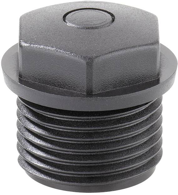 Bouchon de serrage en plastique noir hexagonal fileté, utilisé pour fermer ou étanchéifier les ouvertures dans les machines.