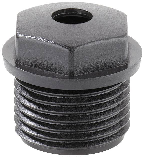 Bouchon fileté en plastique noir, tête hexagonale et trou central, utilisé pour l'étanchéité dans des applications techniques.