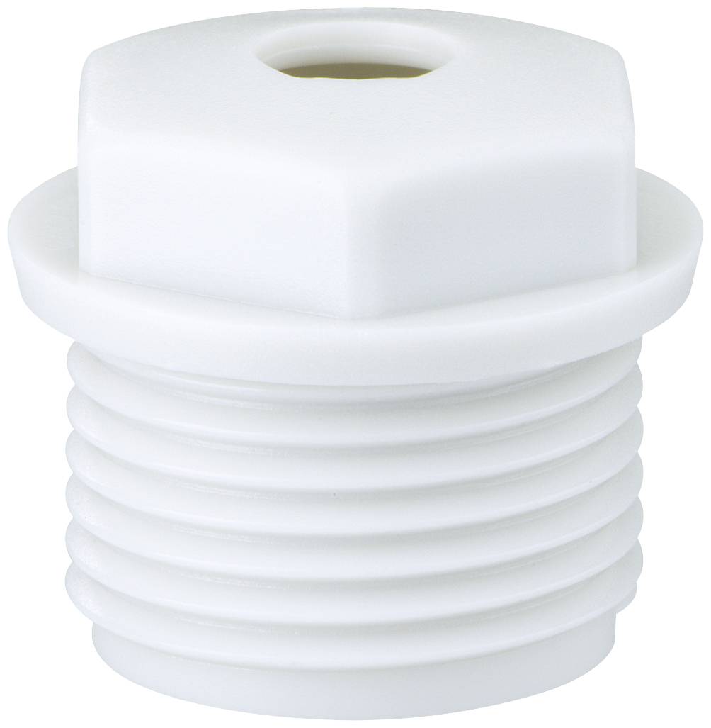 Vis en plastique blanc, hexagonale, avec une ouverture de tête ronde et un filetage strié, adaptée pour fermer des ouvertures.