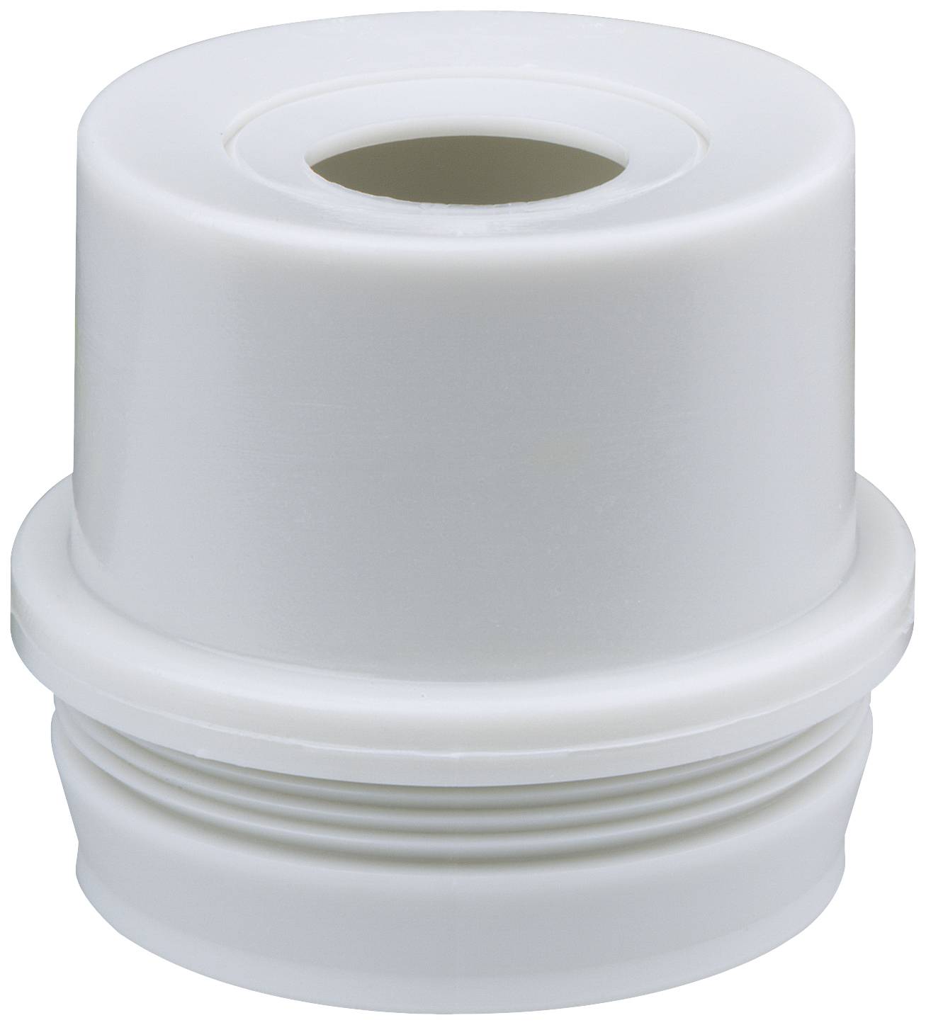 Pièce cylindrique en plastique blanc avec filetage, fermeture à vis en haut.