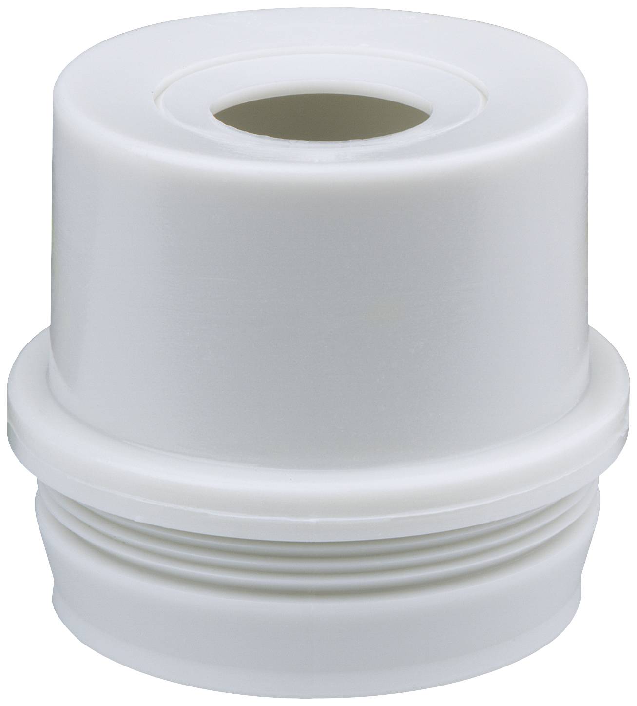 Un adaptateur en plastique blanc, cylindrique, avec un filetage à vis et une ouverture centrale. Il semble adapté à des fins de connexion.