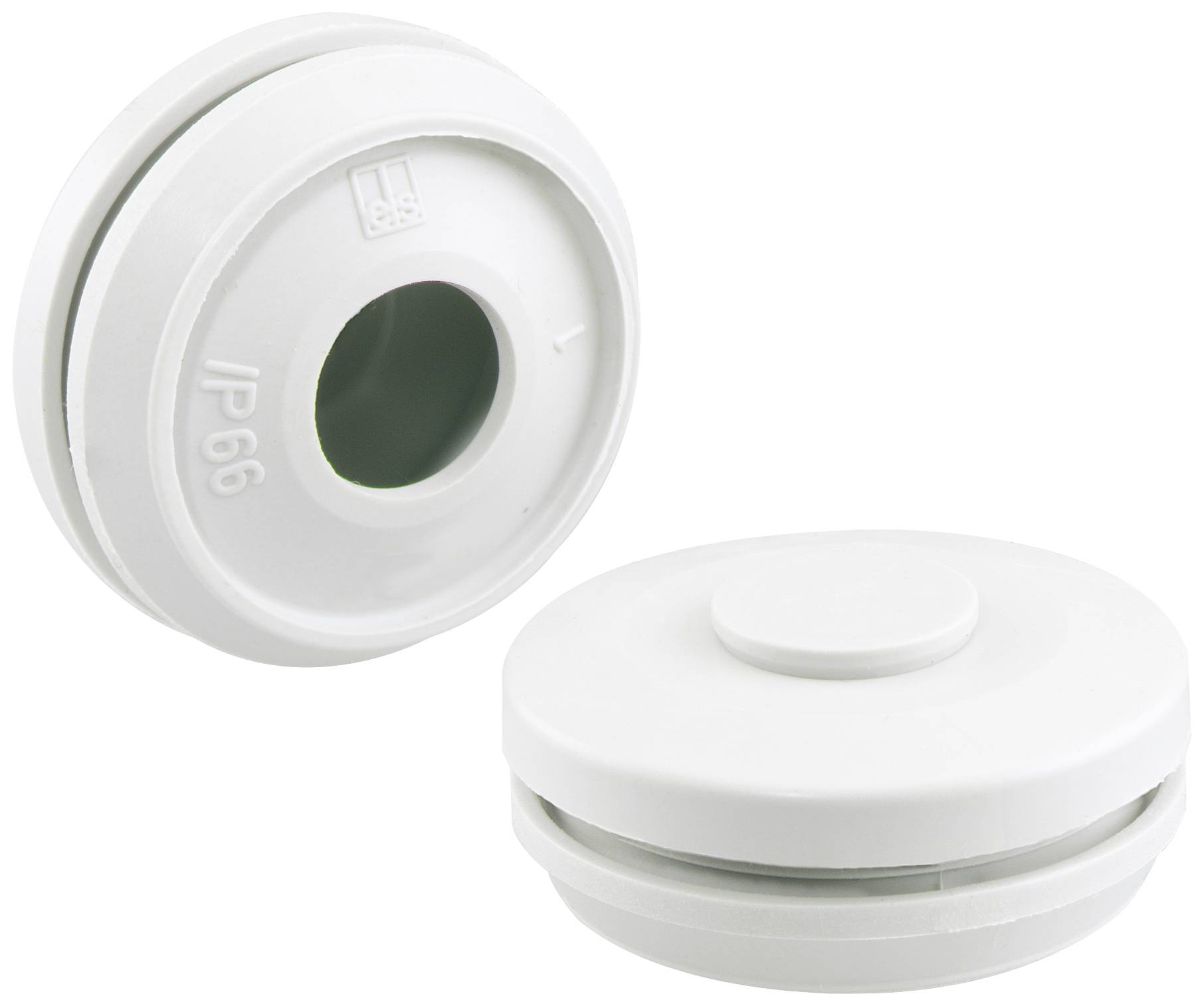 Deux presse-étoupes en plastique blanc, l'un montré horizontalement et l'autre verticalement, adaptés aux applications IP66.