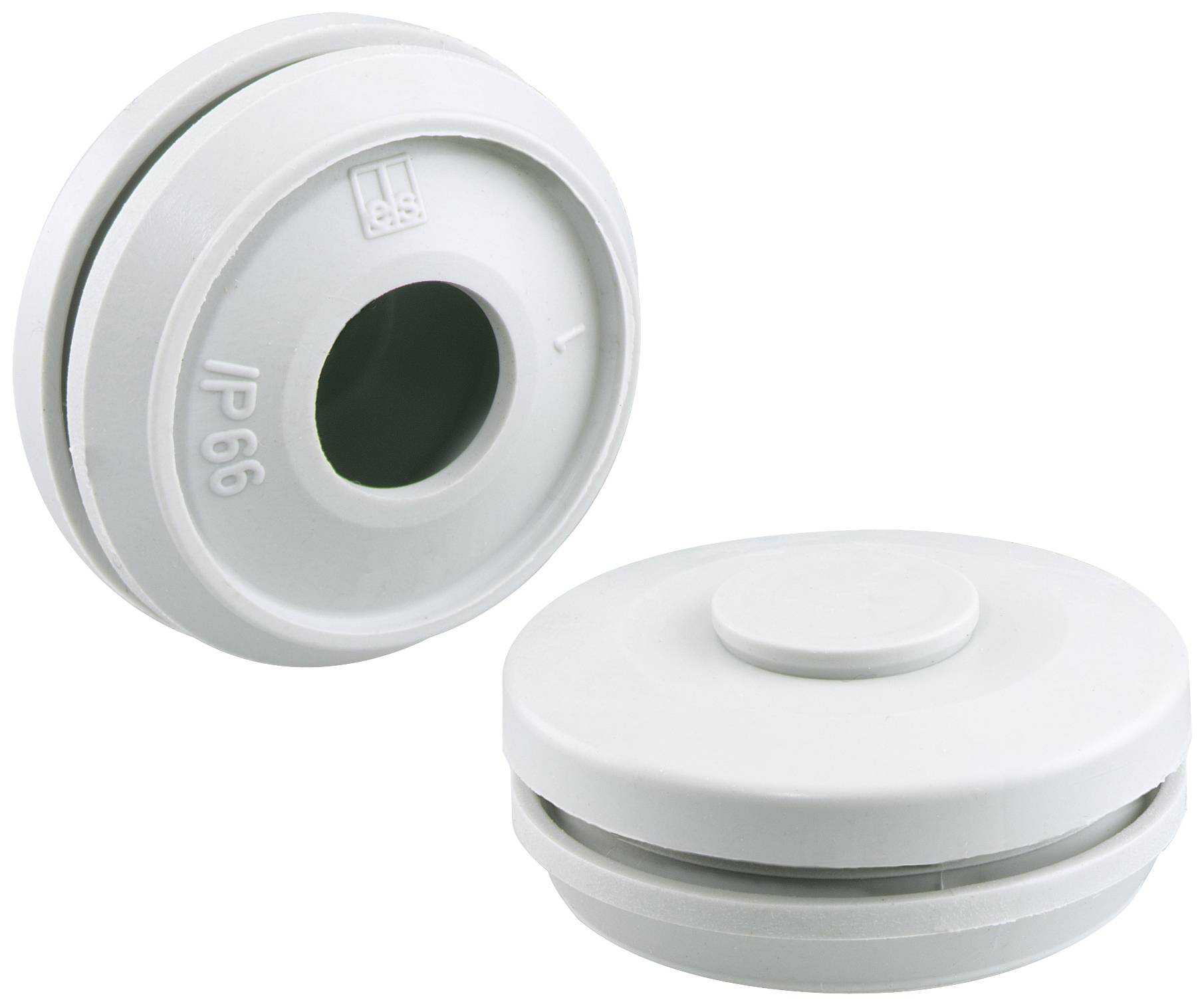 Deux bouchons en plastique blanc, ronds, avec marquage IP66, adaptés à une utilisation dans des environnements humides ou poussiéreux.