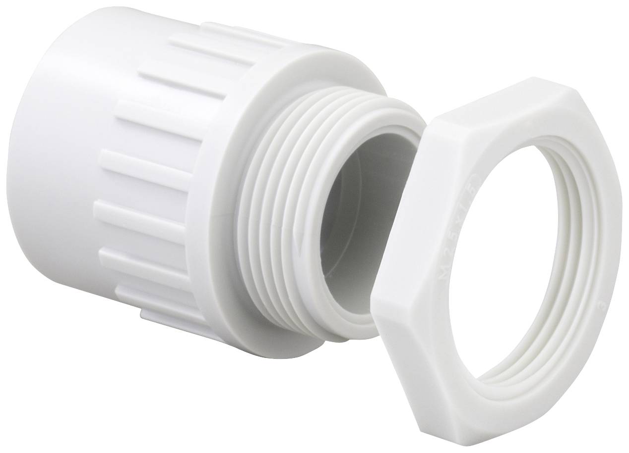 Un raccord en plastique blanc rainuré avec un filetage et un écrou-raccord correspondant. Utilisé pour la fixation dans les installations.