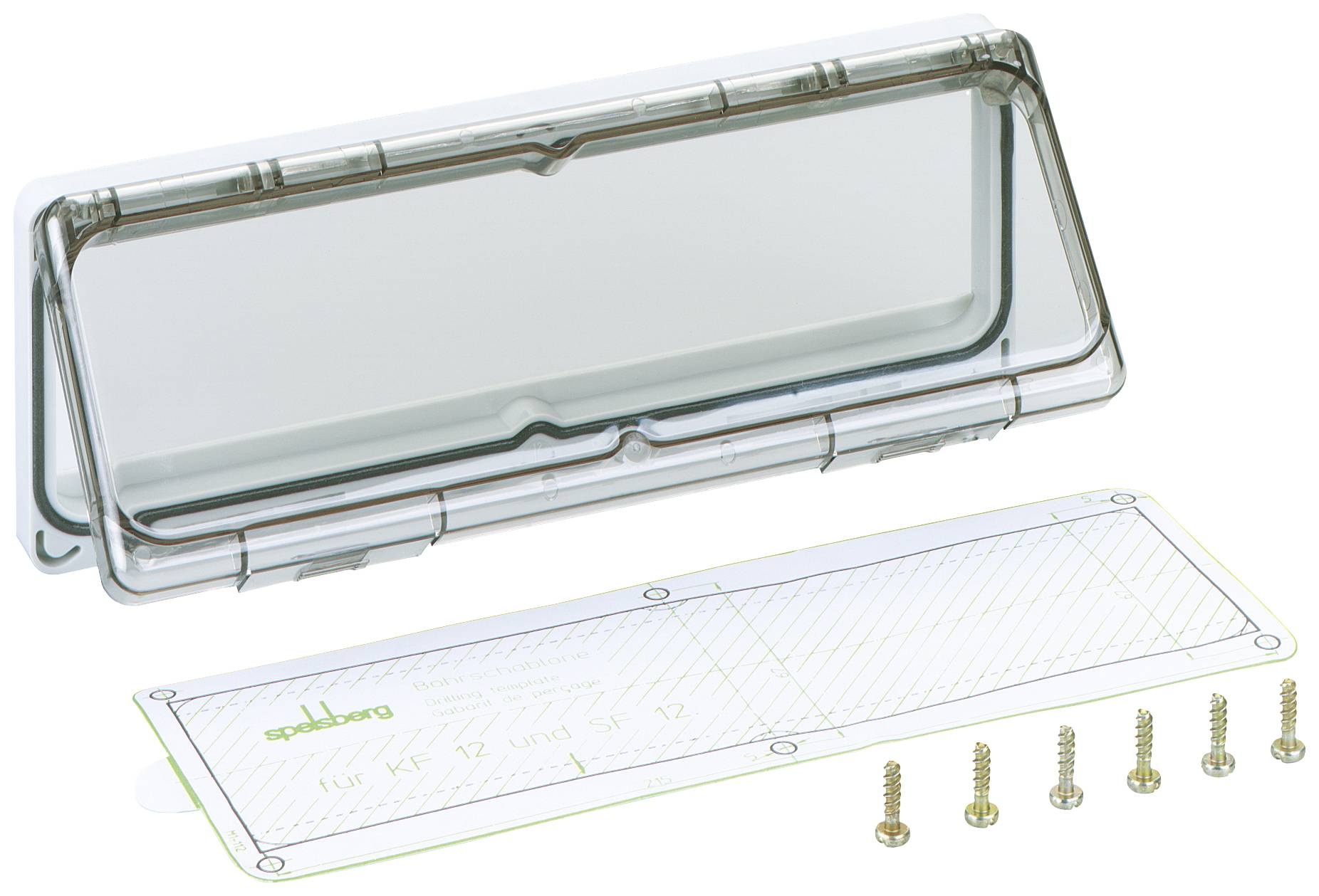 Boîtier transparent avec des trous de vis et six vis fournies. Adapté pour le stockage et la protection des appareils.